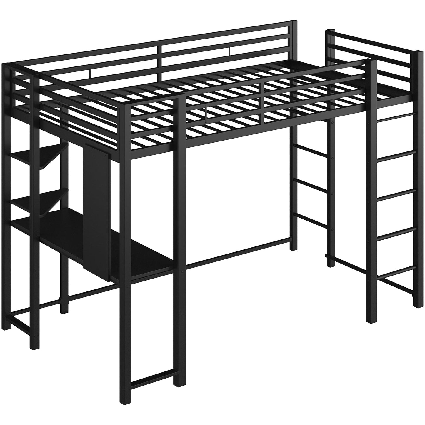 Shintenchi Loft Bed Twin Size with Desk and Storage Shelves, Frame with 2 Side Ladders for Kids, Teens Adults, Spcace-Saving Noise-Free and Anti-tilt Design, Black