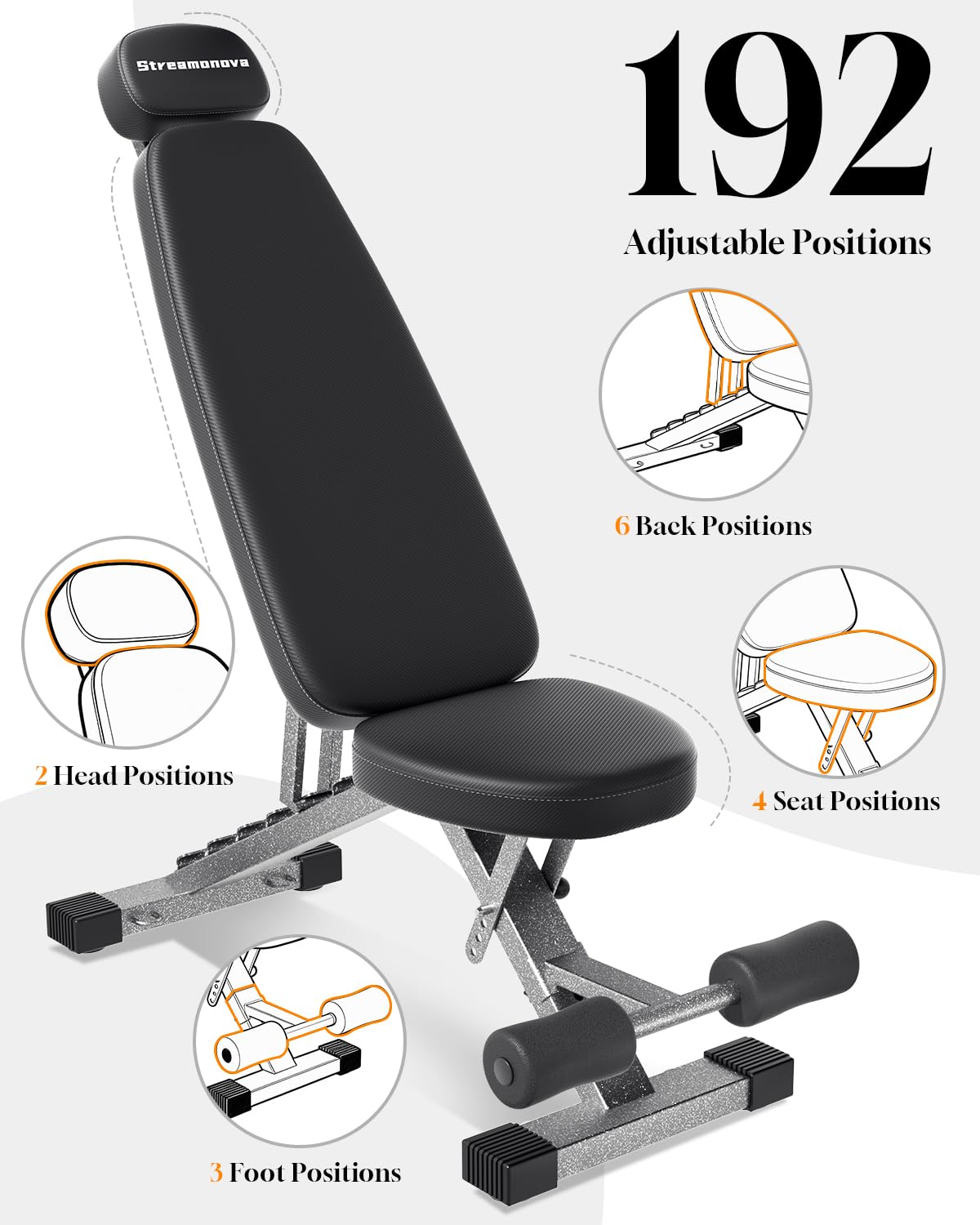 Streamnova Fitness Bench, Adjustable, Comfortable, Fashionable, Foldable and Extended Headrest with 192 Positions Incline Decline 900LBS Home Gym Bench for Strength Training