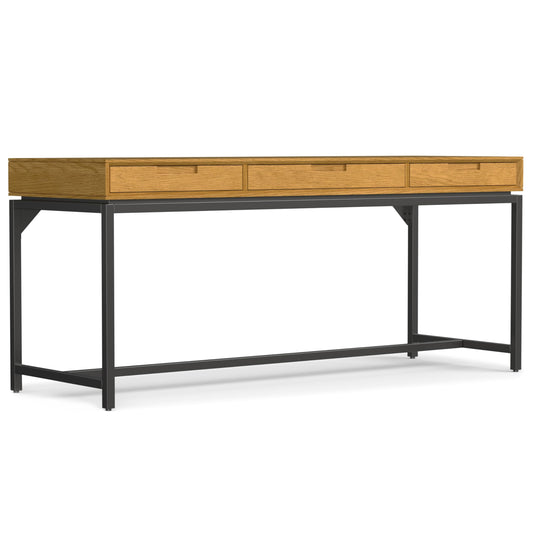 SIMPLIHOME Banting Desk - 72 Inch Wide Solid Oak Veneer and Metal Writing Desk in Oak, Modern Industrial Home Office Computer Table for Study with 2 Drawers and Flip-Down Keyboard Tray