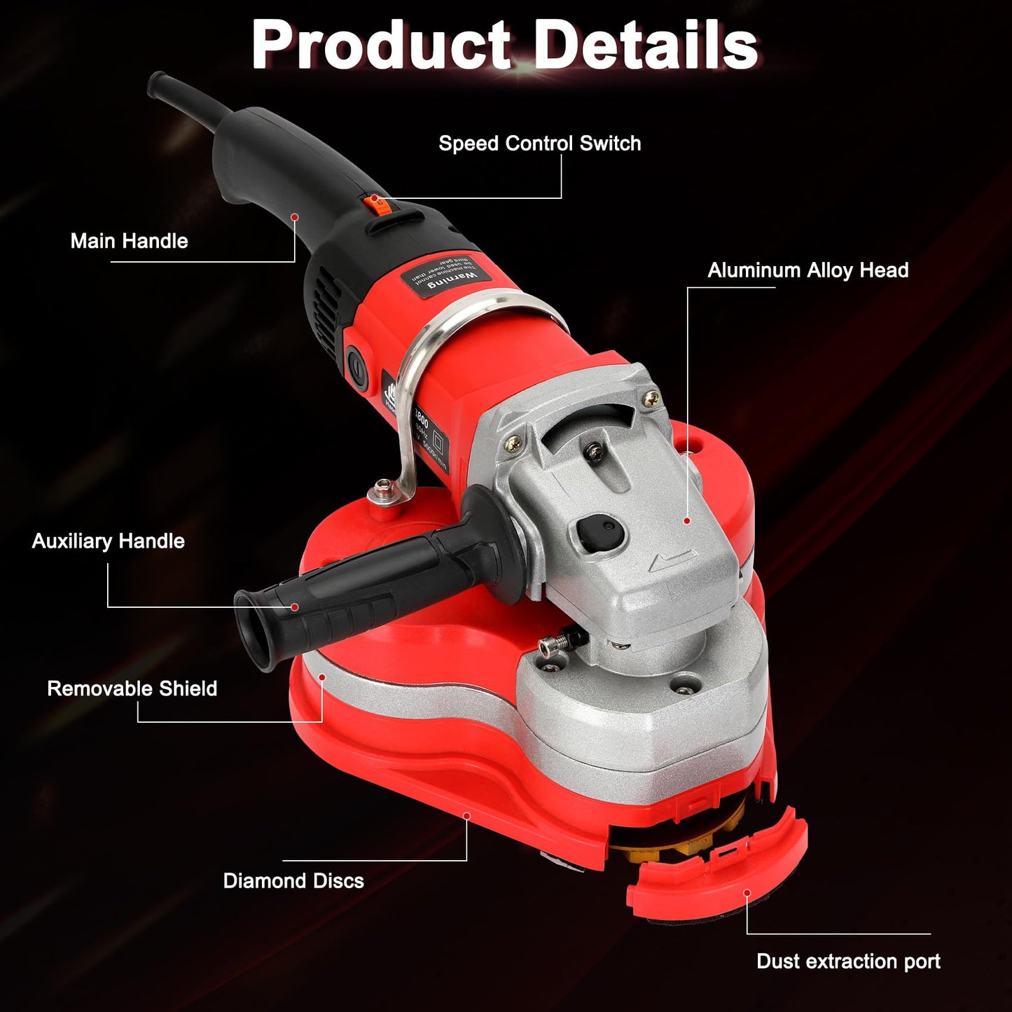 Electric Diamond Polisher Machine with Telescopic Rod，3800W Concrete Grinder Machine with 6-Speed Control & Dust Collection Cover, Floor Grinder for Grinding Concrete Deck Marble Granite