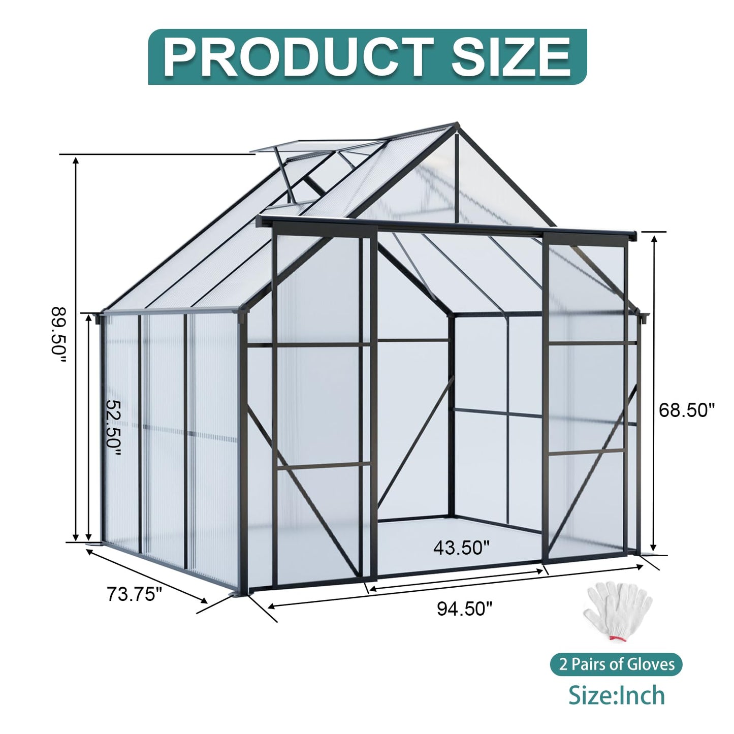 KEIKI 8x6 FT Double Door Upgrade Polycarbonate Greenhouse with Aluminum Frame,Raised Base and Roof Vent,Walk-in Greenhouses for Patio Garden