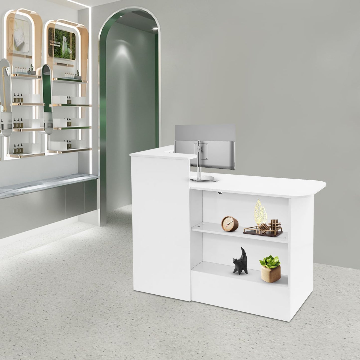 DDBESSIC Reception Desk Counter with Lockable Drawer and Open Shelves, Office Front Desk with Lights, 47 X 20in Reception Counter for Offices, Stores, Restaurants, Beauty Salons (White)