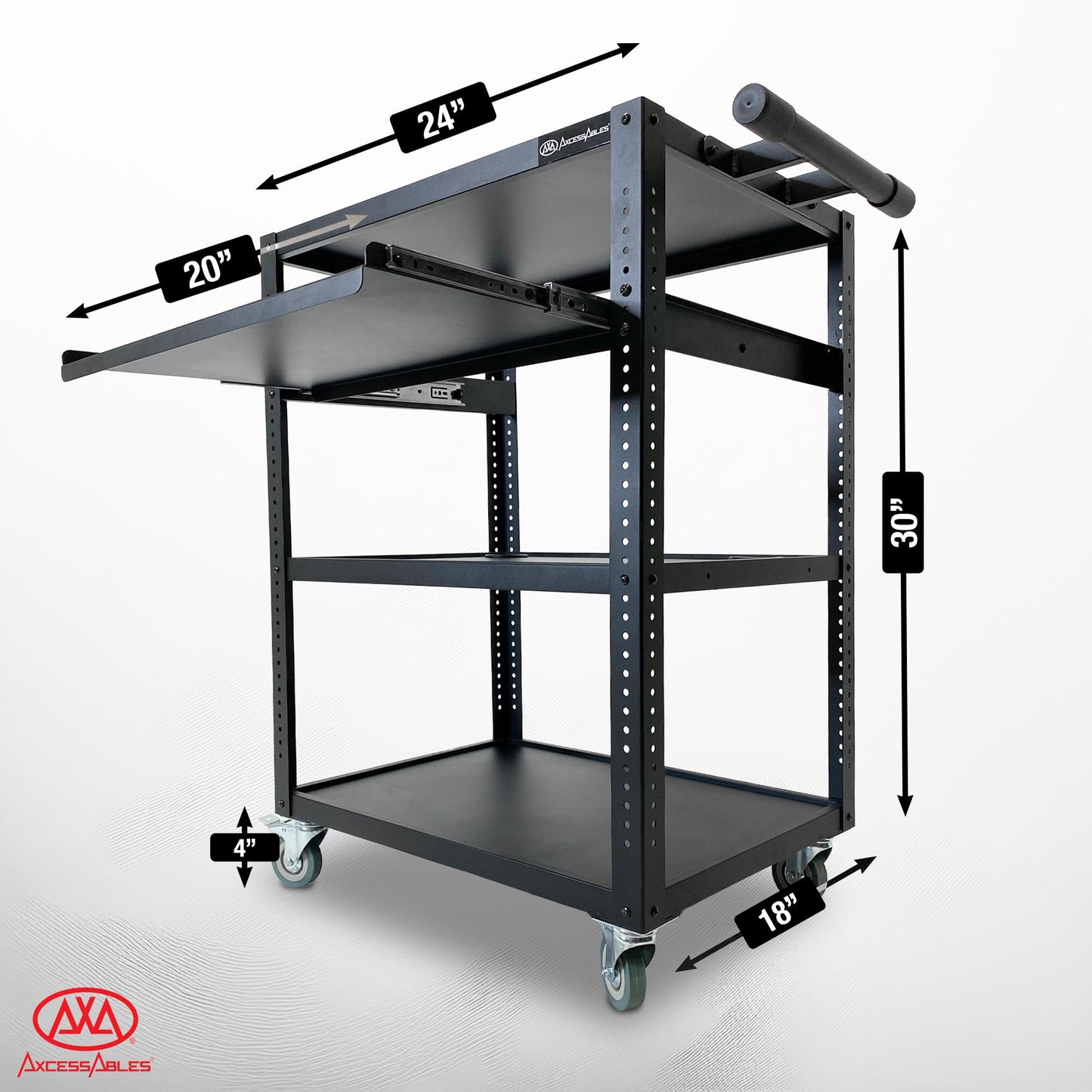 AxcessAbles Computer Cart on Wheels 400LB Capacity, Metal AV Equipment Utility Workstation, with Pullout Keyboard Tray, Locking Caster Wheels.