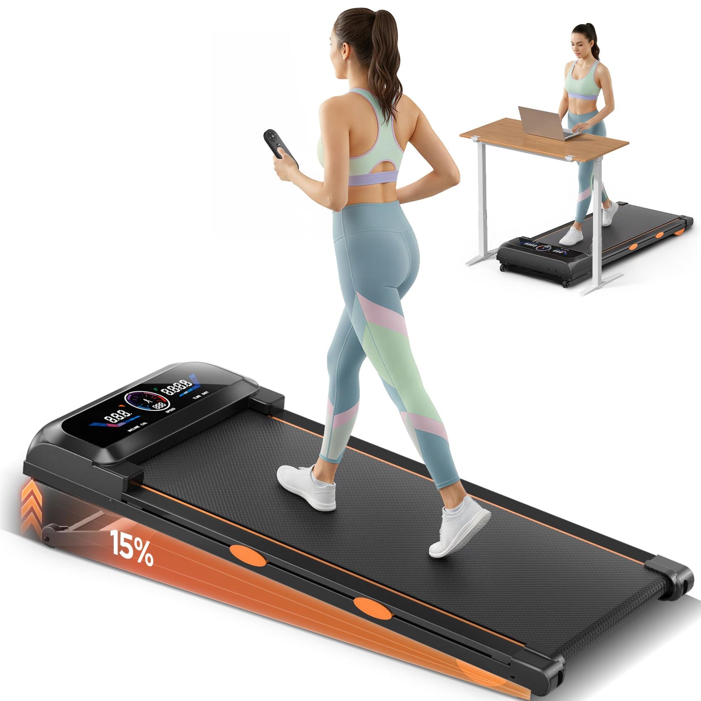 Walking Pad with 15% 12-Level Auto Incline/Bluetooth Speaker/RGB Light, 3 in 1 Under Desk Treadmill, 3.5HP Quiet Portable Treadmill for Home Hiking, 450lbs Capacity, APP & Remote