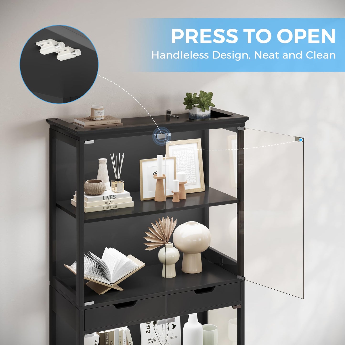 Jocoevol Display Cabinet with Glass Doors, 4-Tier Curio Cabinet with with 2 Drawers for Collectibles, Modern Glass Display Case Human Body Sensor & RGB Lights for Living/Game Room