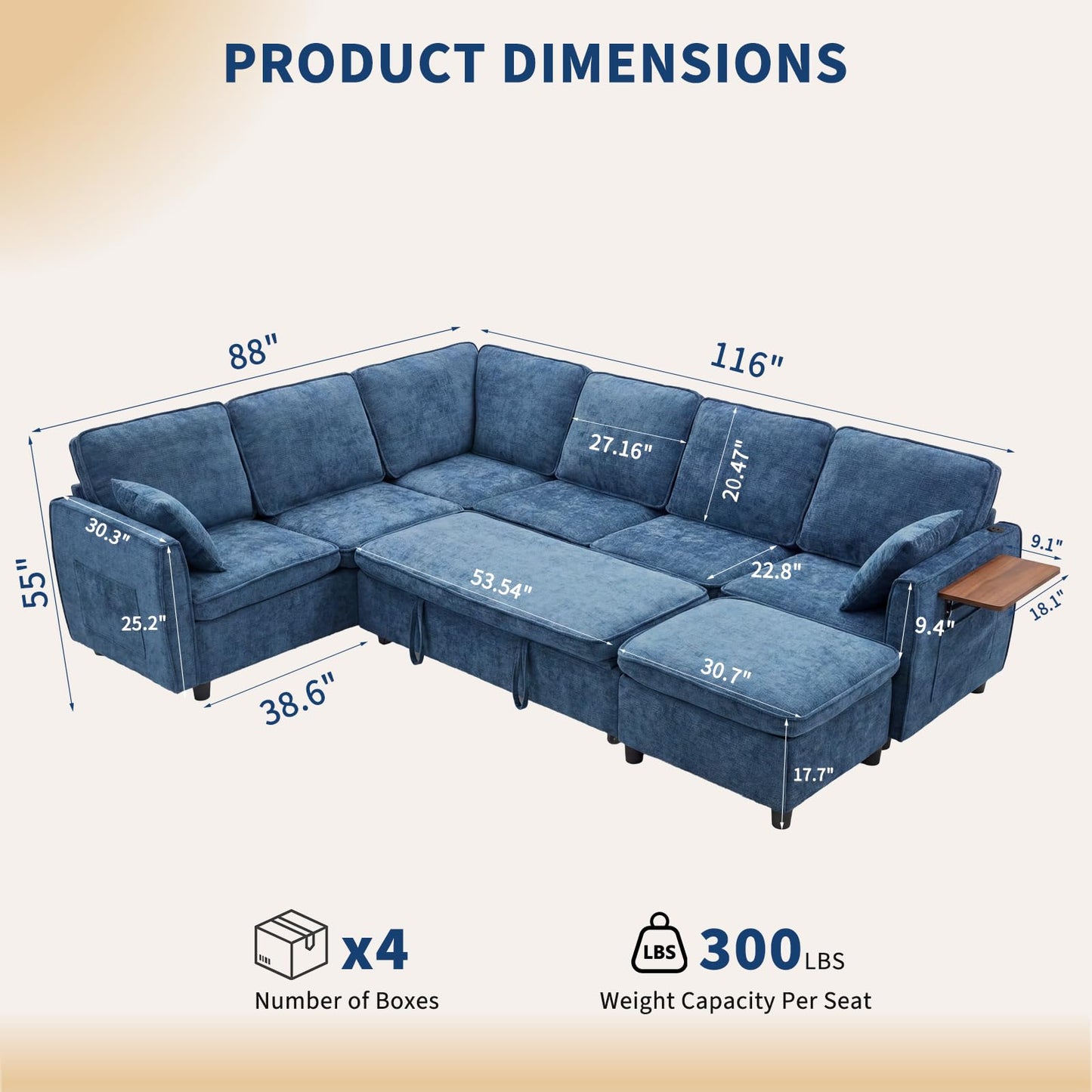 Modular Sectional Couch with Pull Out Sofa Bed, 116" U Shaped Modular Cloud Sofa Set with Ottoman, Charging Port & Foldable Side Table, 7 Seater Comfy Chenille Sleeper Couch for Living Room, Blue