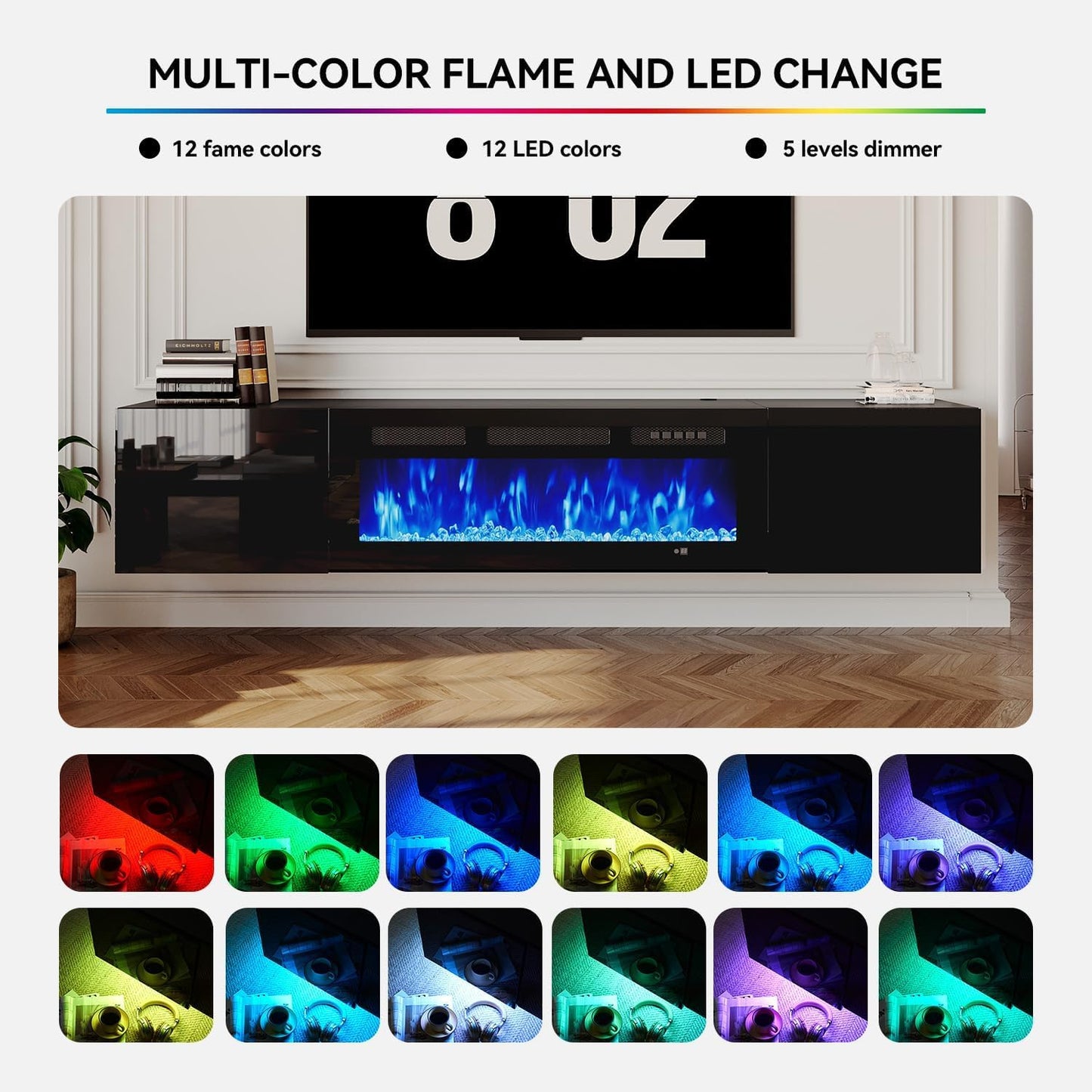 MXV 70'' Floating TV Stand, Modern Media Entertainment Center with 36" Electric Fireplace, TV Console Cabinet Wall Mounted, Adjustable 12-Color LED Lights, for Living Room, Black + Black
