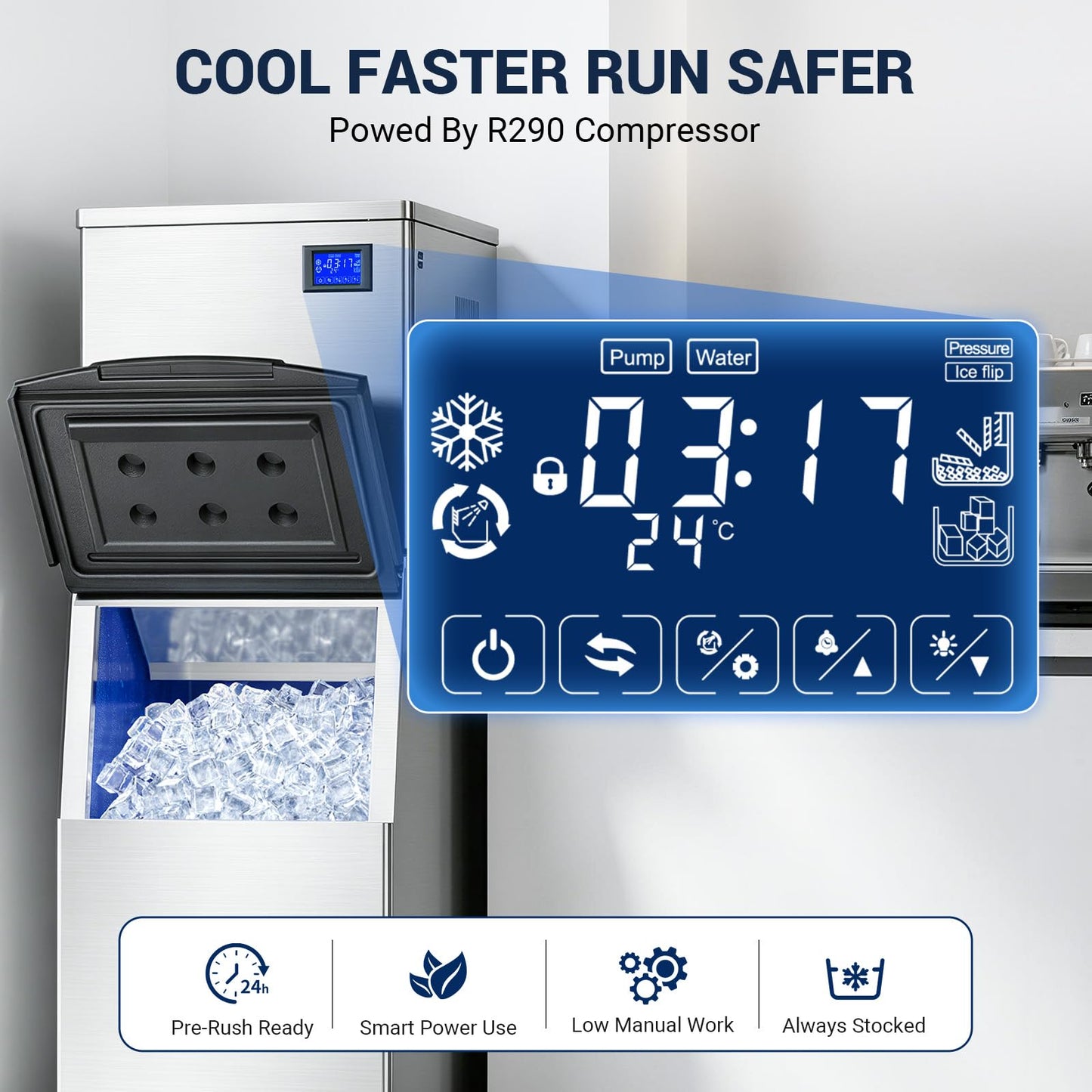 Commercial Ice Maker Machine, 650Lbs/24H Ice Machine with 500LBS Large Storage Bin, ETL Approval, Auto Cleaning Mode & Timing Function, Air Cooled Commercial Ice Maker for Restaurant/Bar/Cafe/Business