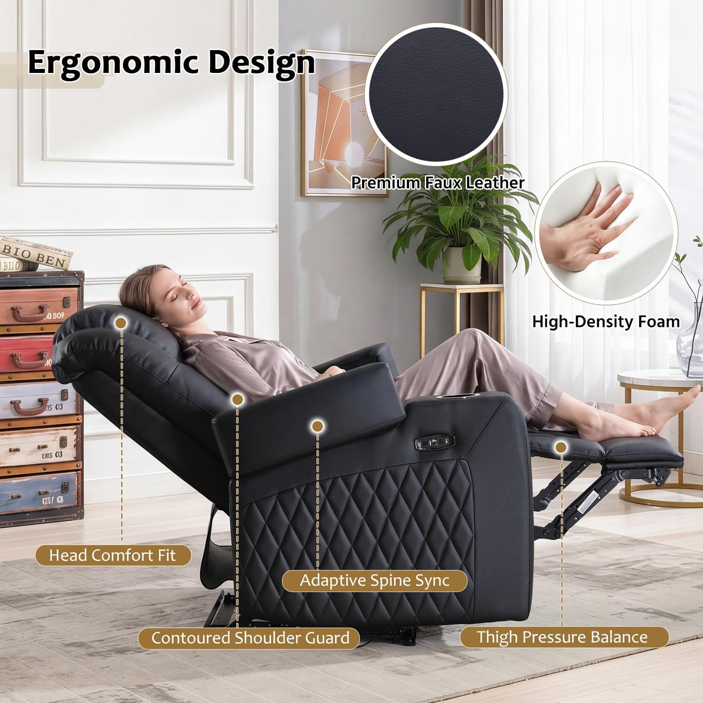 ANJ Home Theater Seating Power Recliner with Hidden Arm Storage, Faux Leather Recliners with LED Light, Electric Movie Reclining Chairs with USB Ports & Cup Holders for Media Living Room, Black