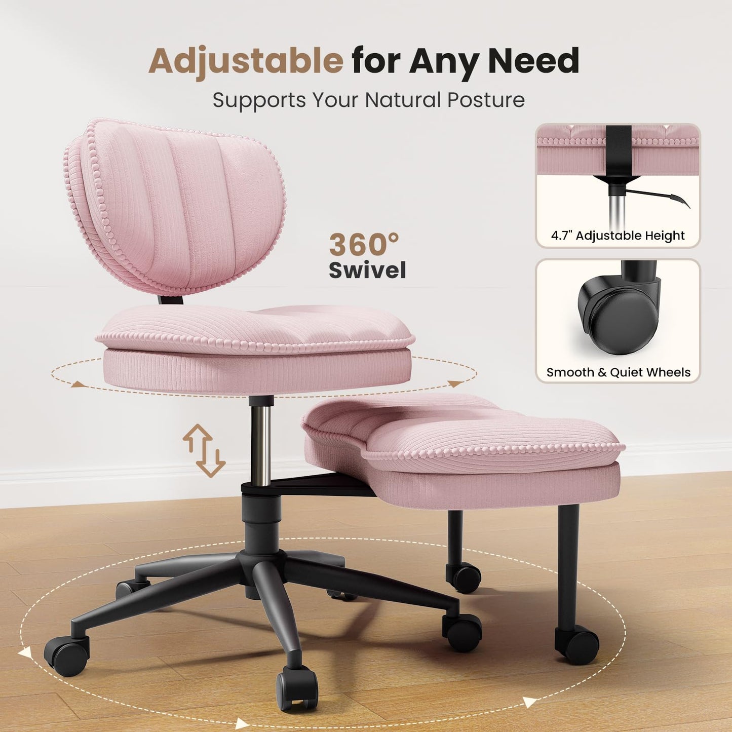 Extra-Wide & Tall Cross-Legged Office Chair – Deeply-Padded Cloud Seat, Ergonomic Back Support, Adjustable Height for ADHD & Meditation,Pink