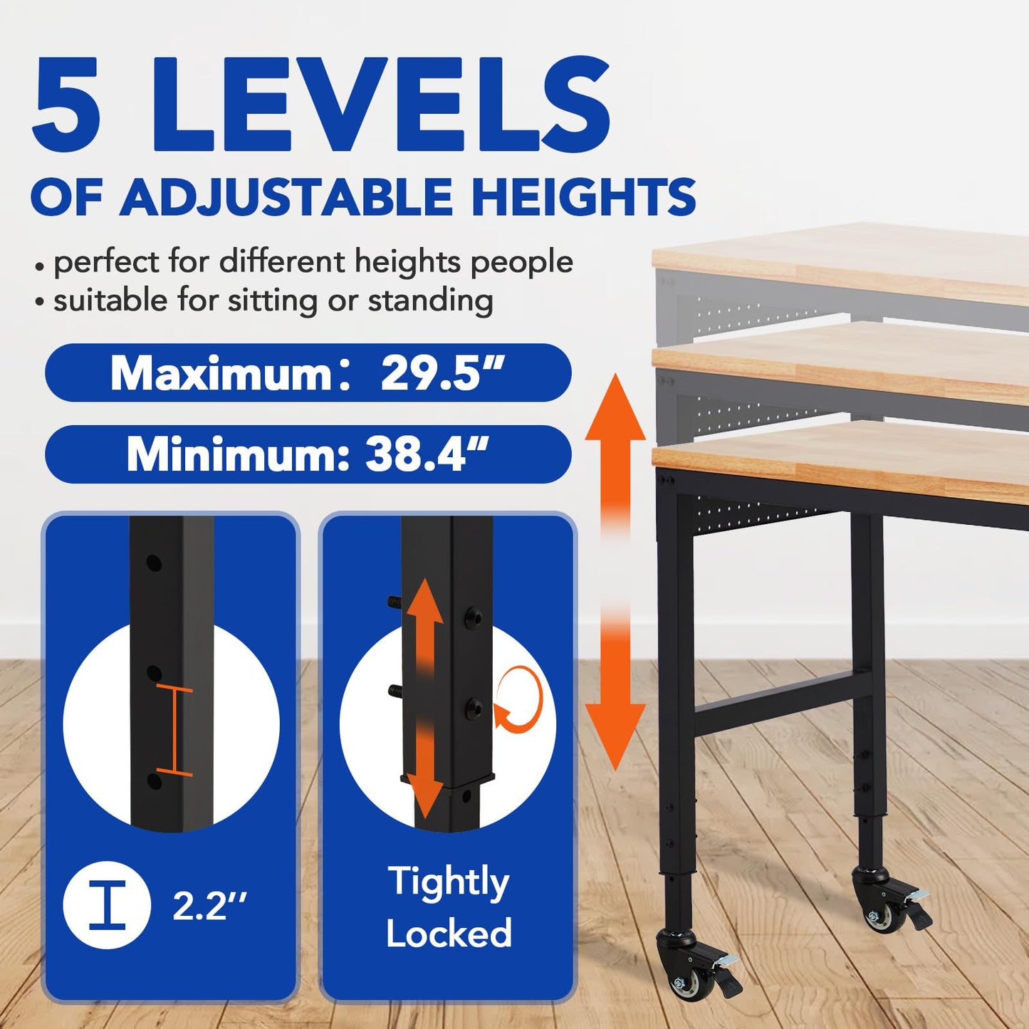 Workbench Adjustable 75' x 25', 2000 Lbs Load Capacity, 29.5"-38.4" Heights Garage Worktable with Universal Wheels & Power Outlet, Heavy-Duty Table for Workshop Office Home Commercial