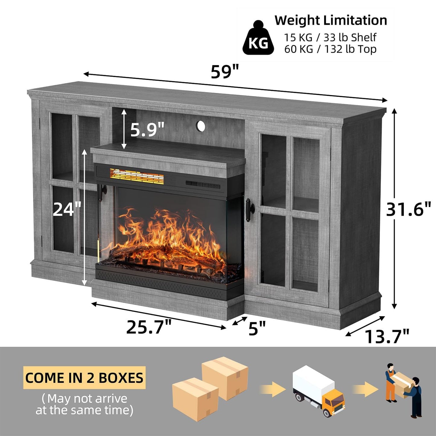 YESHOMY Glass Fireplace TV Stand for Televisions up to 65", Media Entertainment Center Console Table with Doors Closed Storage, Grey Wash