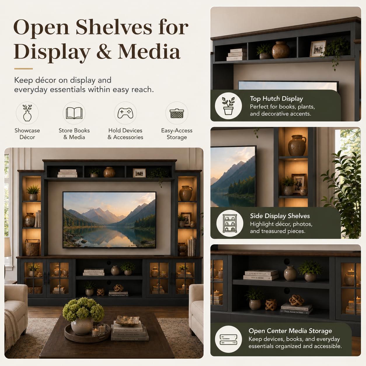 Nordivale Black Farmhouse TV Stand, Entertainment Center, 98" Wall Unit Media Console with Bookshelf, Cabinet & Power Outlets & Barn Doors, Fits TVs Up to 75” for Living Room