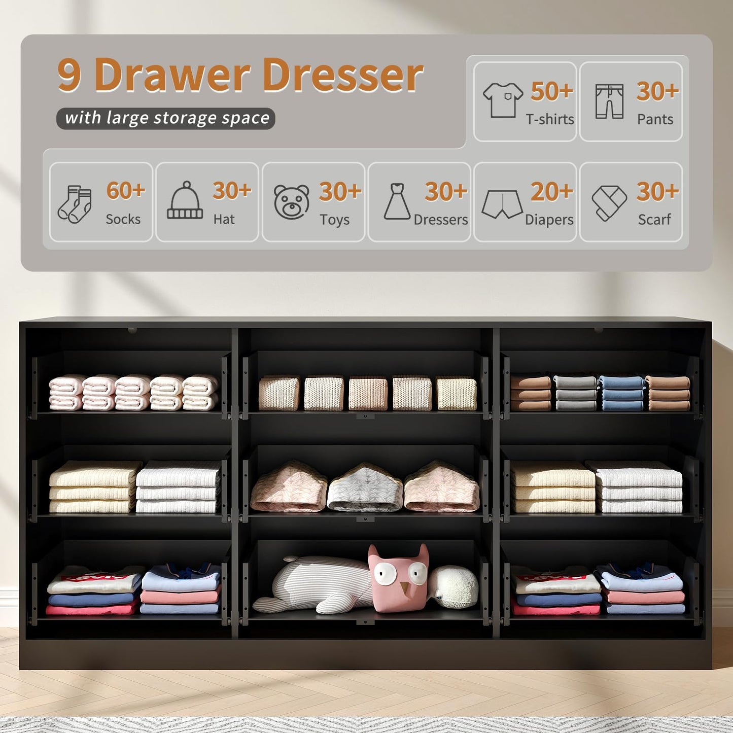 NOVAMAISON Dresser for Bedroom with 9 Drawer, 63” Long Black Dresser Modern Chest of Drawers with Metal Handle, Wood TV Stand Storage Organizer for Bedroom, Living Room, Black