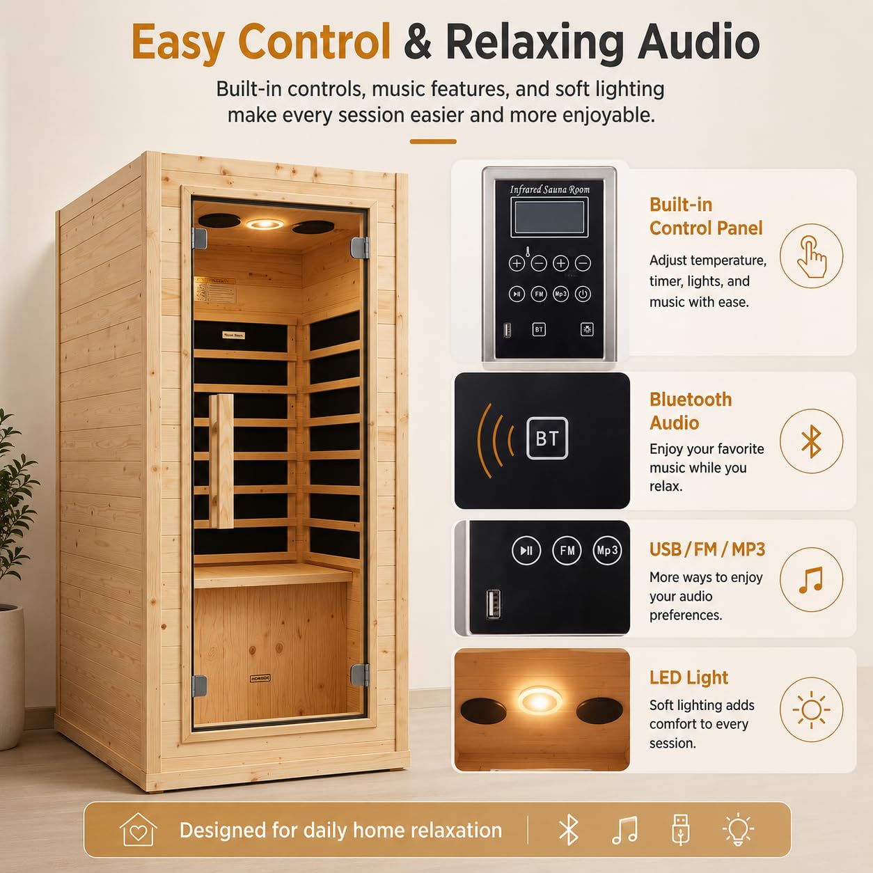 Homsido Mini 1-Person Far Infrared Sauna – Compact Spruce Wood Indoor Spa, 110V/900W Rapid Warm-Up, with Bluetooth Speaker, LED Light, and Cup Holder, for Home Relaxation (4.9 ft Tall)