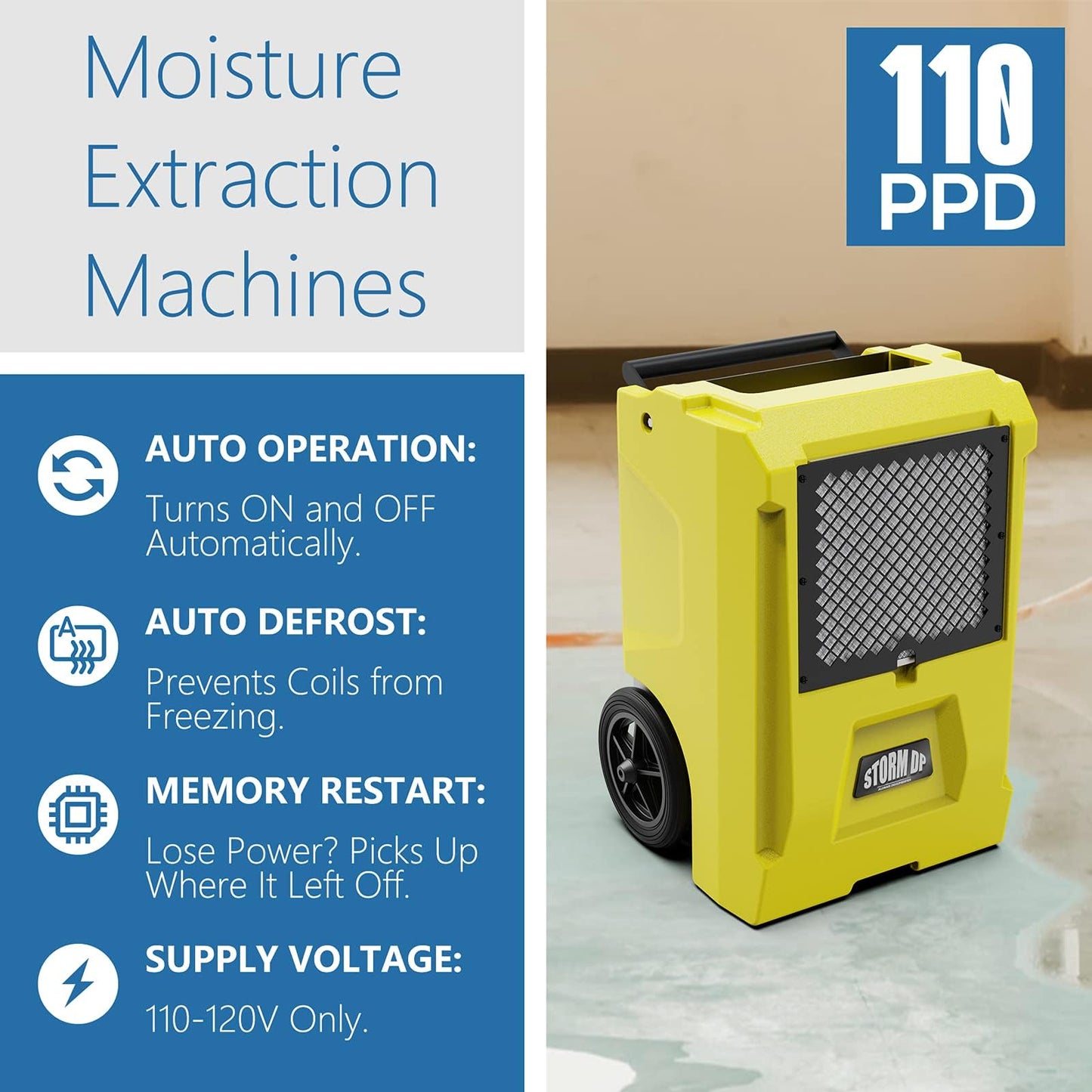 ALORAIR 110 Pint Dehumidifier Commercial Grade, Built-in Pump, Includes Drain Hose, Ideal for Large Basements, Industrial or Commercial Spaces and Job Sites, 6 Years Warranty, Yellow