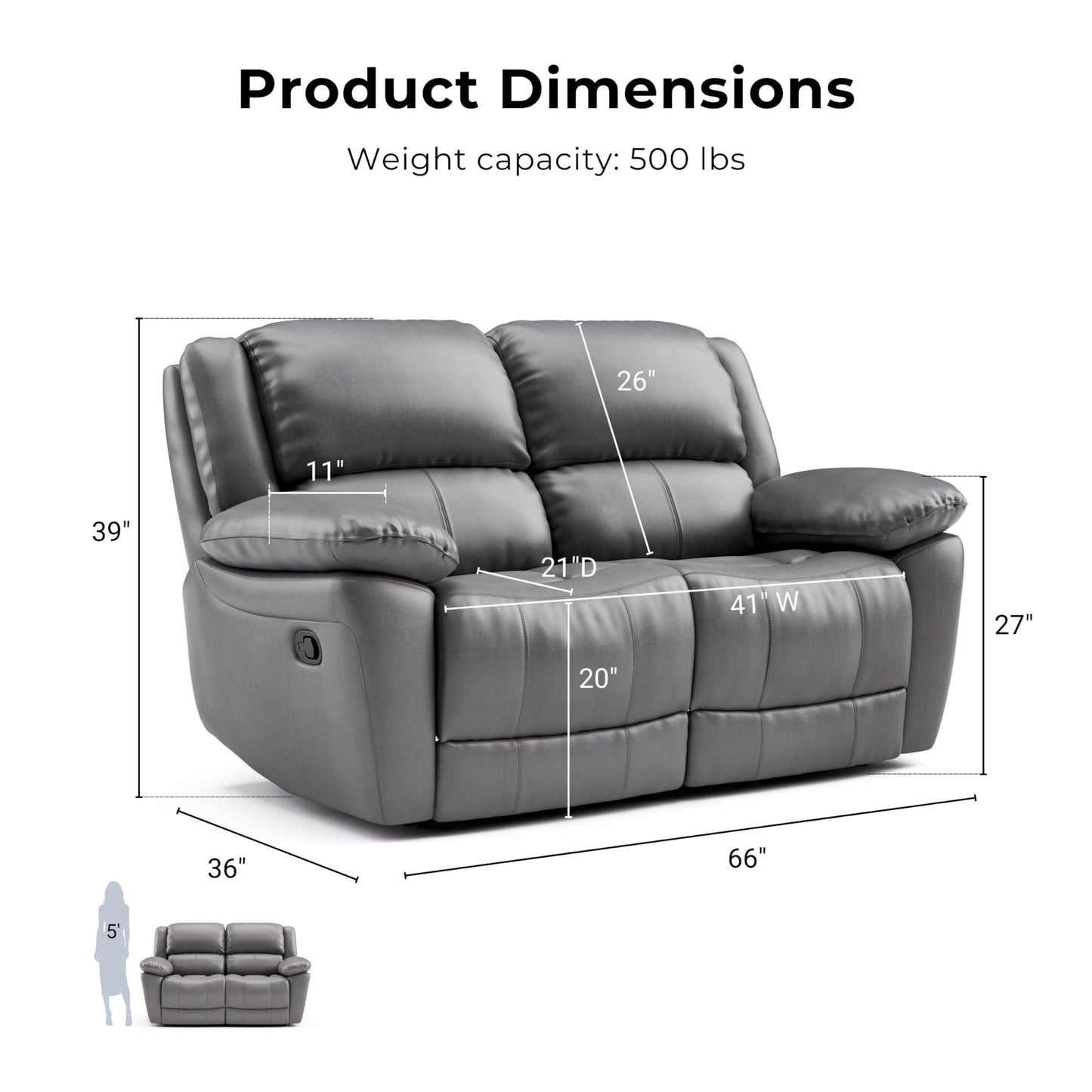 Furniture of America Sorin Modern Leather Recliner Loveseat with Pillow Armrests and High Density Foam, Reclining Sofa, Comfortable Couch for Living Room, Office, FSC Certified, Dark Gray