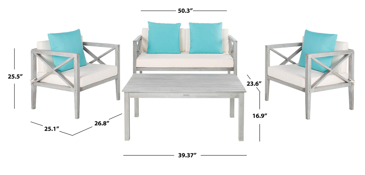 Safavieh PAT7031A Collection Nunzio Teak and White and Navy 4 Pc Accent Pillows Outdoor Set
