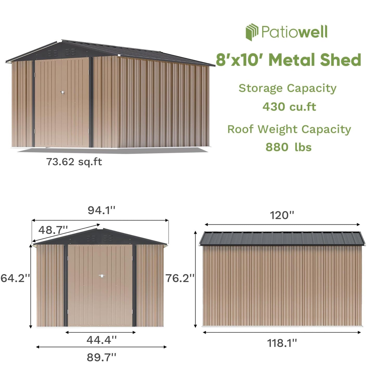 Patiowell 8x10 FT Outdoor Storage Shed, Large Garden Tool Metal Shed with Sloping Roof and Lockable Door, Outside Sheds for Backyard Patio Lawn, Brown