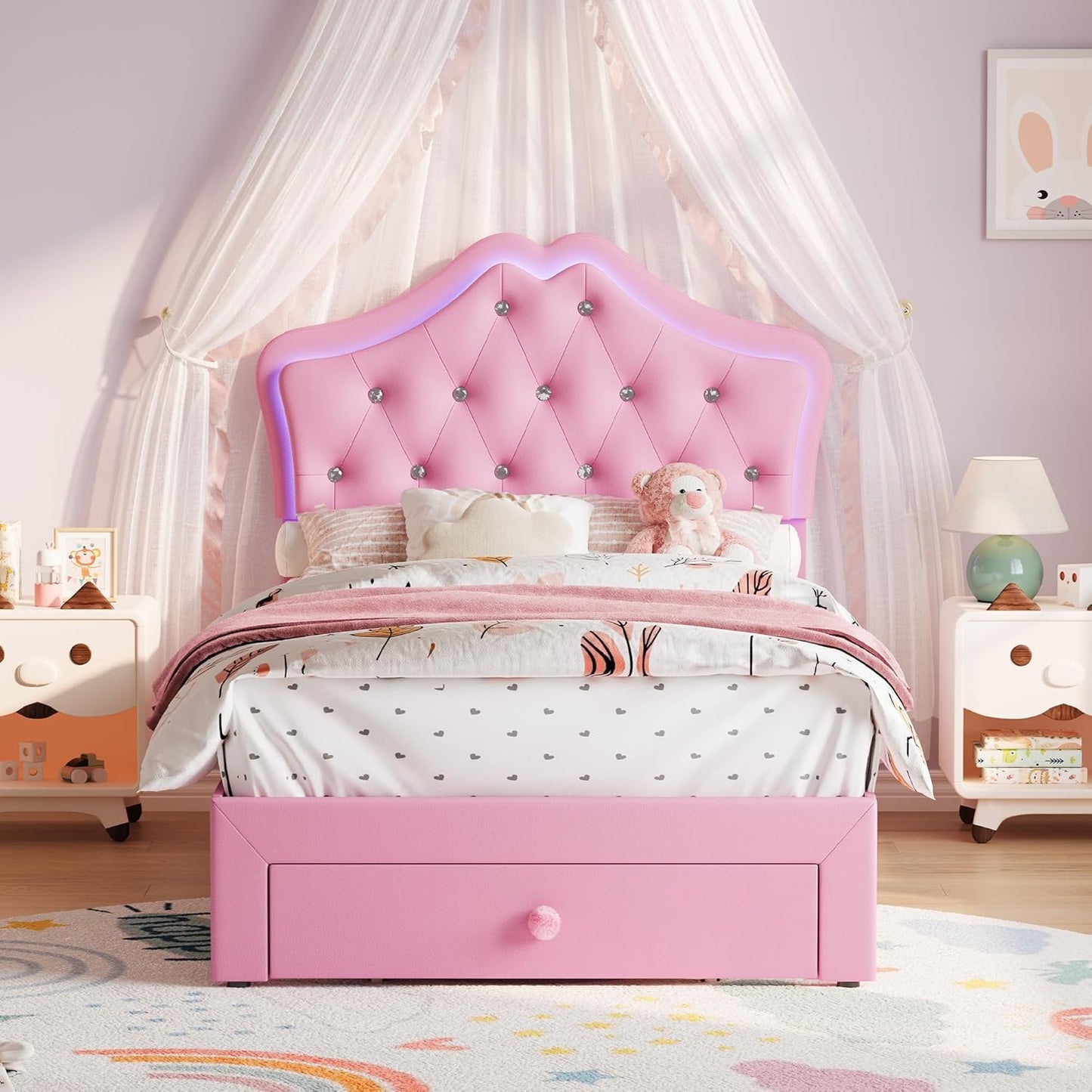 Garvee Twin XL Size Bed Frame with LED Lights & Velvet Crystal Button Headboard, Upholstered Boy Platform Bed with Storage Drawer, Noise Free, No Box Spring Needed for Kids, Teens, Pink