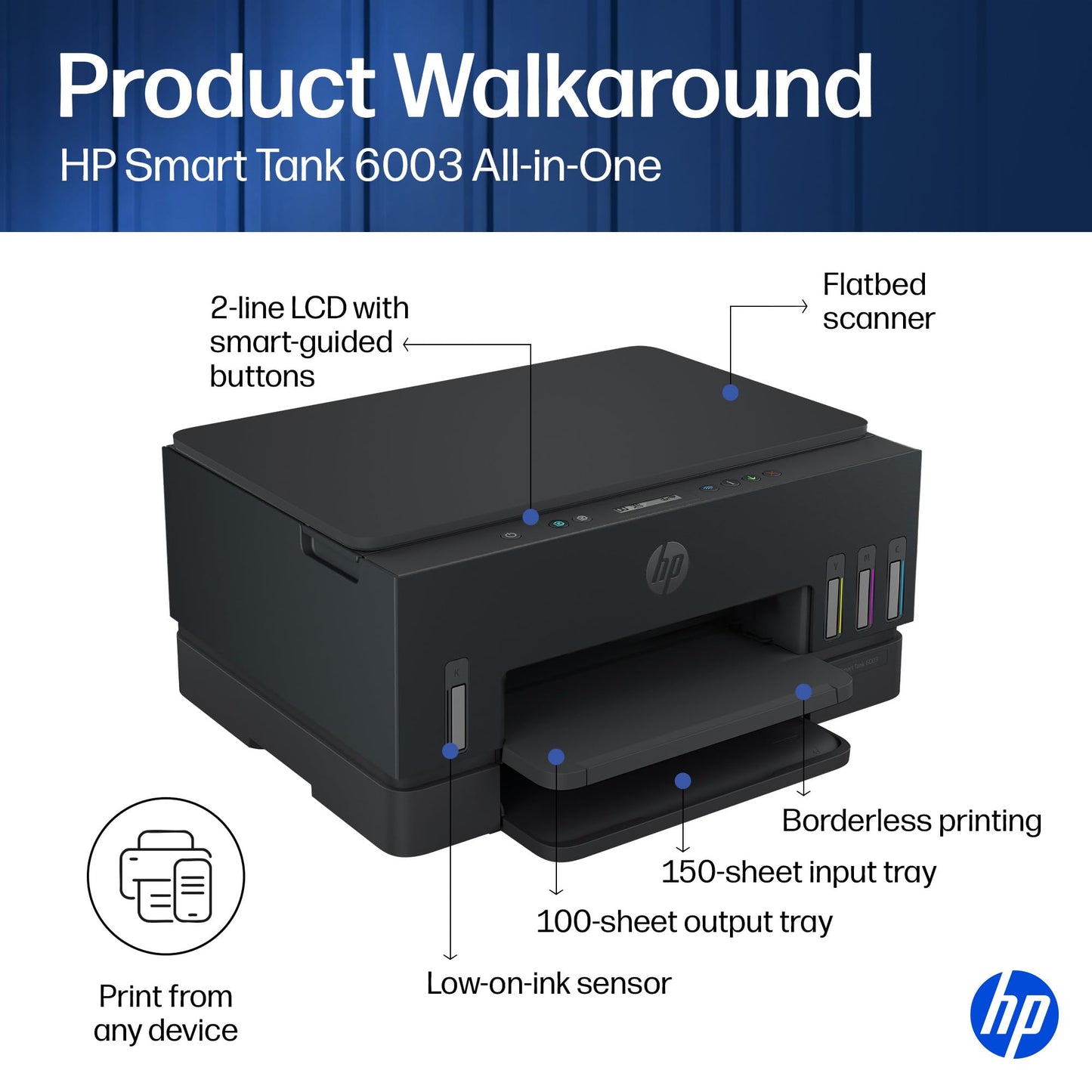 HP Smart Tank 6003 Wireless All-in-One Ink Tank Printer, Scanner, Copier with up to 3 Years of Ink Included, Best-for-Home, Cartridge-Free Refillable, AI-Capable (D35XXA)