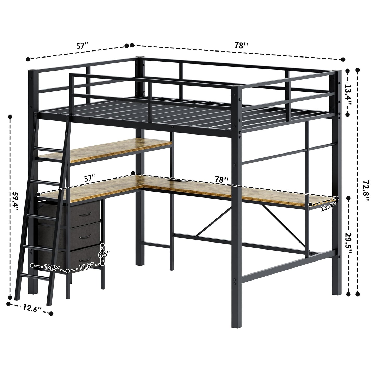 Cryrature Full Size Loft Bed with L-Shaped Desk, Charging Station,LED Lights,Heavy Duty Metal Loft Bed Frame with 3 Fabric Drawers & Open Shelve,No Box Spring Needed, Black