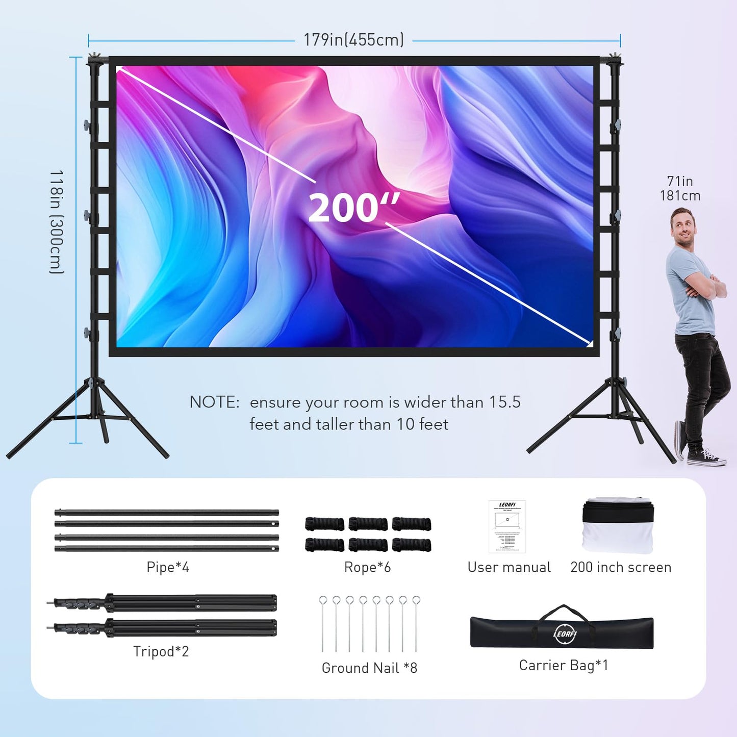 200 Inch Outdoor Projector Screen with Stand: LEORFI Large Projection Screen with Adjustable Tripod, Front & Rear Projection Wrinkle-Free Movie Screen with Transport Bag for Backyard Movie Night