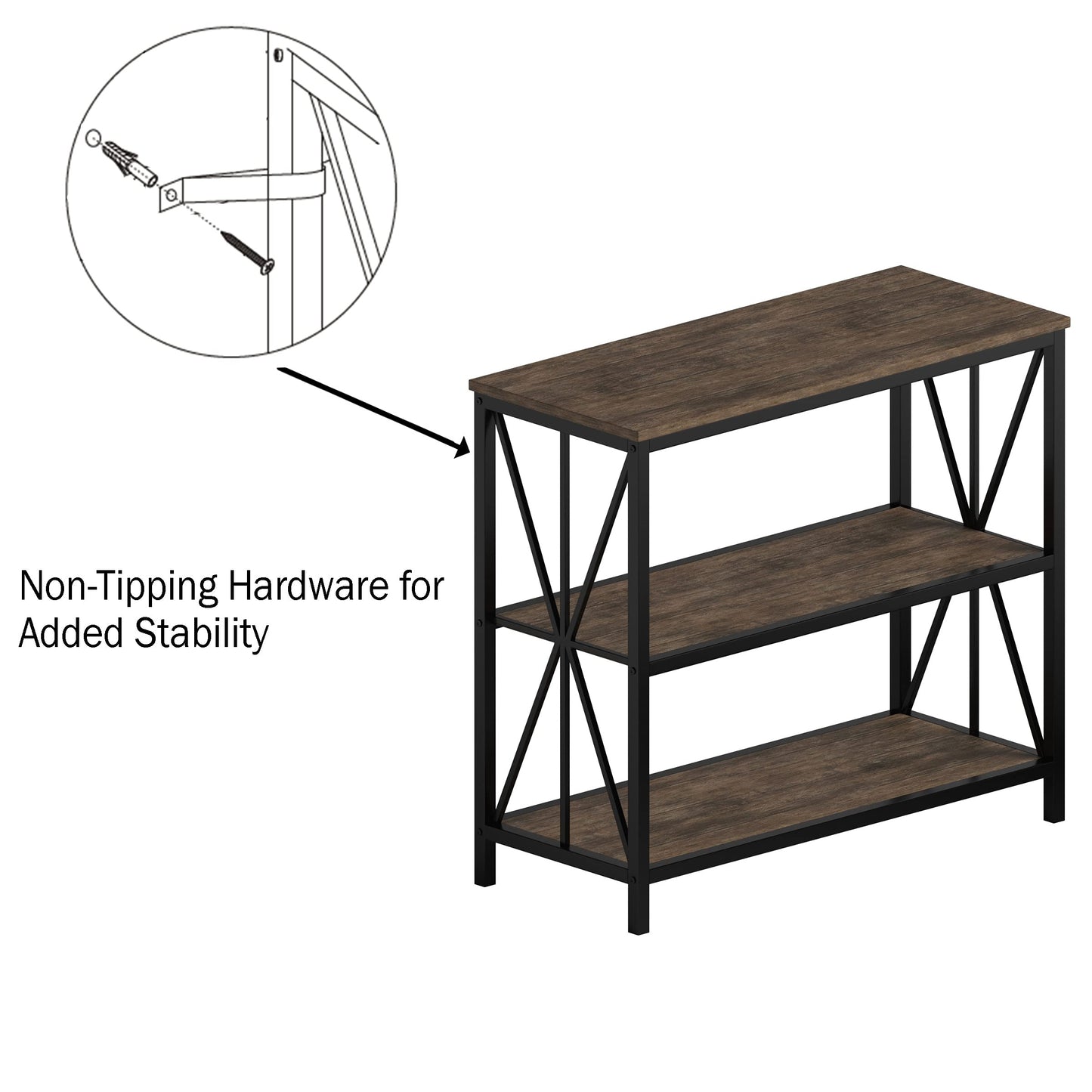 Lavish Home 3-Tier Industrial Bookshelf Set of 2 - Freestanding Open Bookcase for Home or Office Organization and Storage - Book Organizer (Brown Woodgrain)