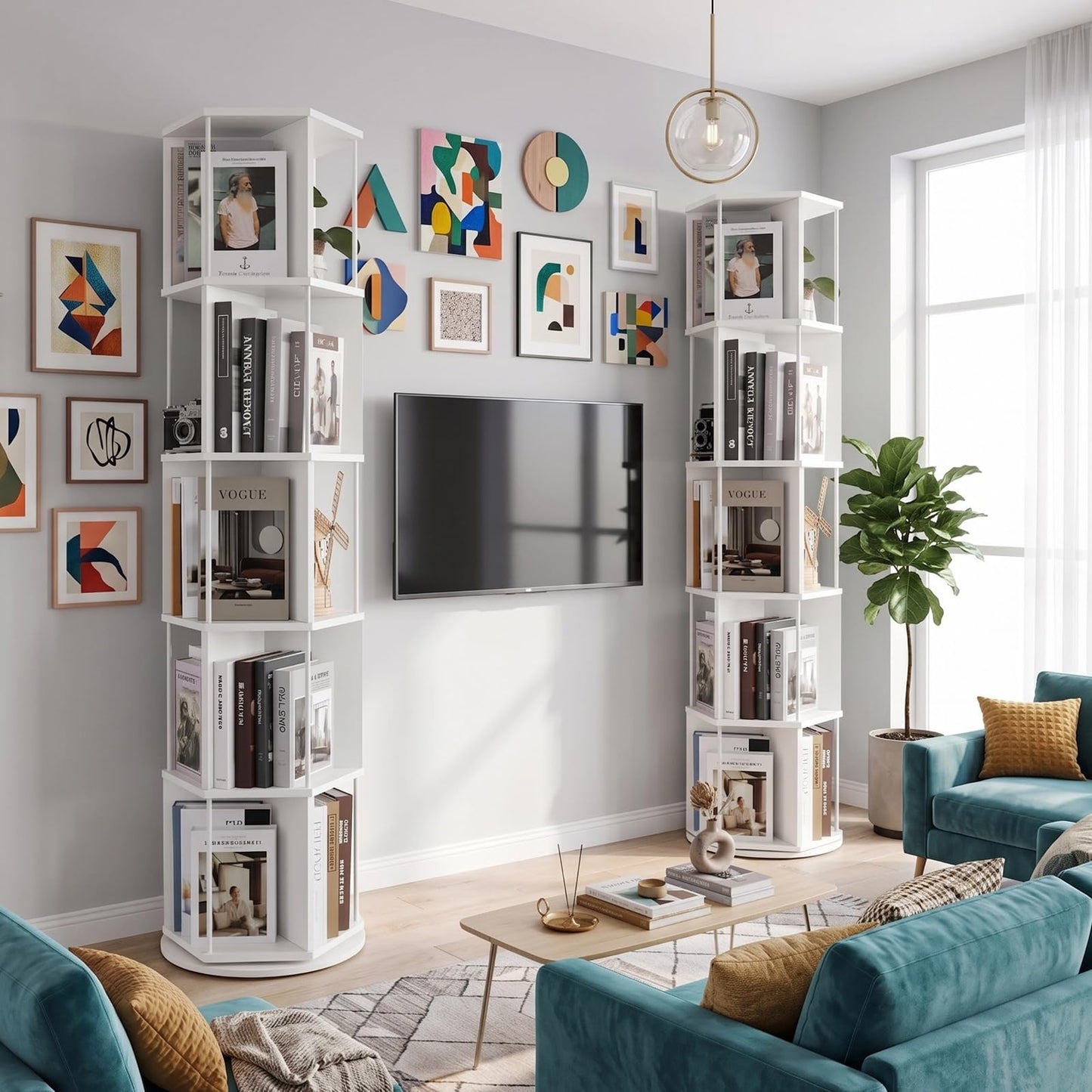 VIWODS Rotating Bookshelf, 5 Tier Spinning Bookshelf Tower, Revolving 360° Hexagonal Bookcase Storage,Vertical Turning Corner Book Shelf for Bedroom, Study Room, White