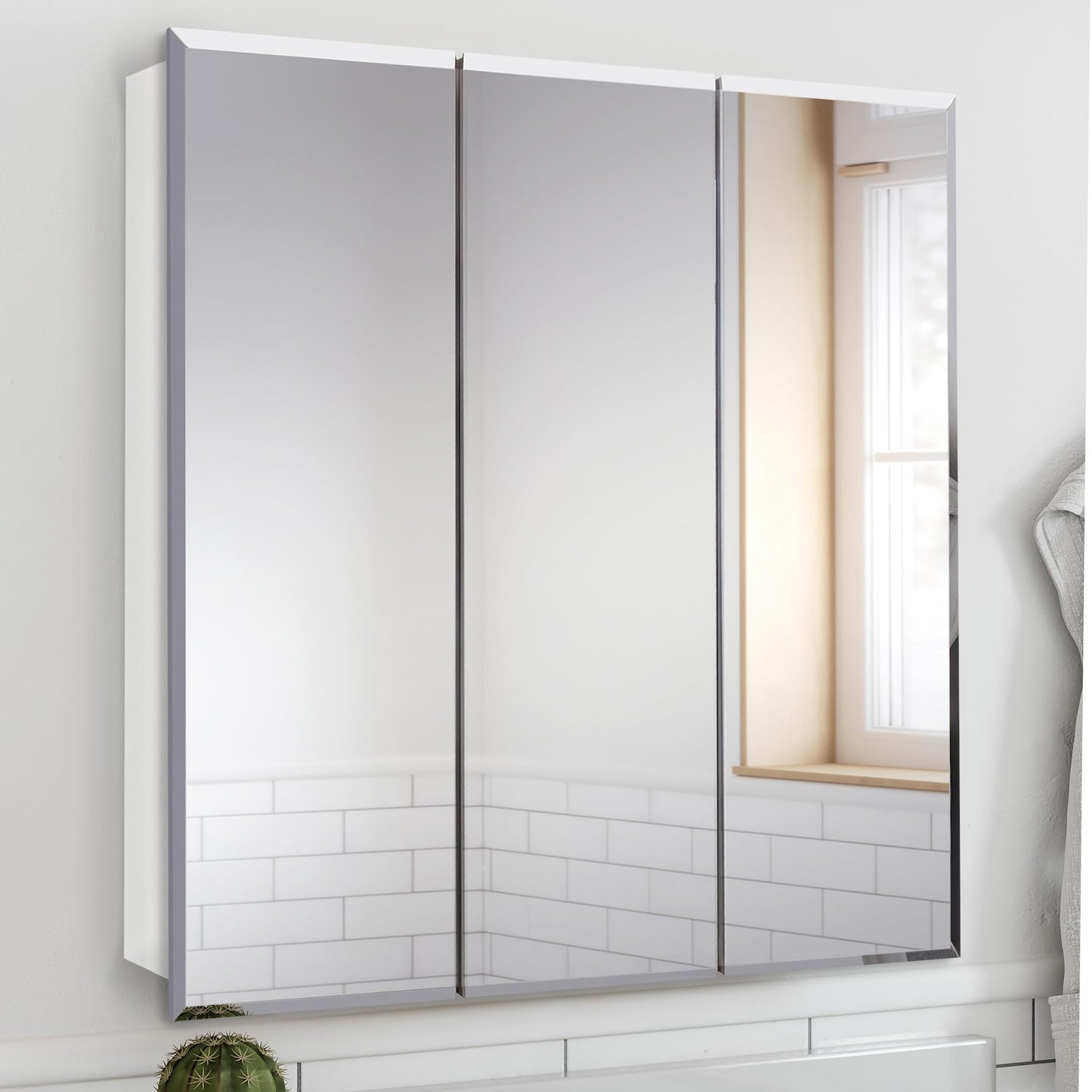 Design House Cyprus 30-in. Wide Medicine Cabinet, 3 Frameless Mirrored Doors, 2 Adjustable Shelves, Pre-Assembled, Surface or Recess Mounted, White, 30.0 in. W x 4.4 in. D x 30.0 in. H, 59749