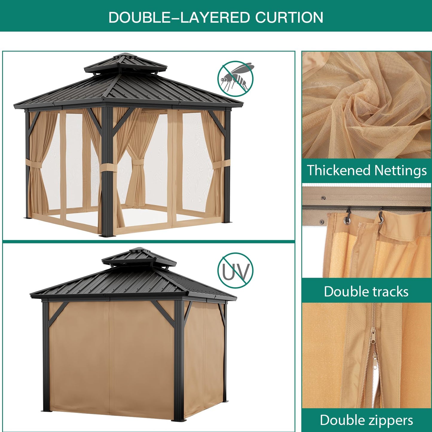10'x10' Hardtop Gazebo, Heavy Duty Aluminum Permanent Hardtop Gazebo Outdoor Pavilion with Curtains and Netting for Garden