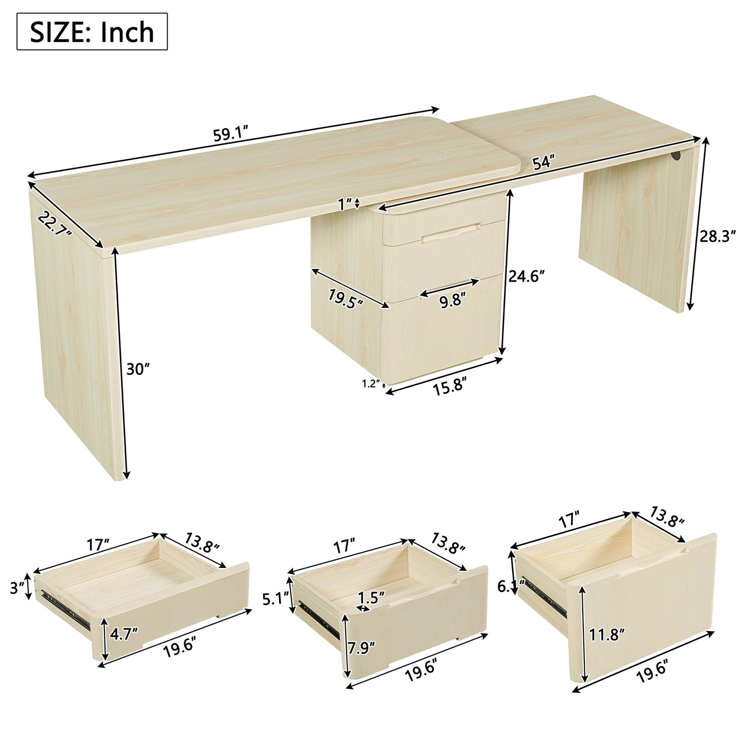 Merax 360° Rotating L-Shaped Desk with 3 Drawers | 90" Modern Corner Computer Desk for Home Office, Living Room, Executive Writing Study Work, Natural Wood