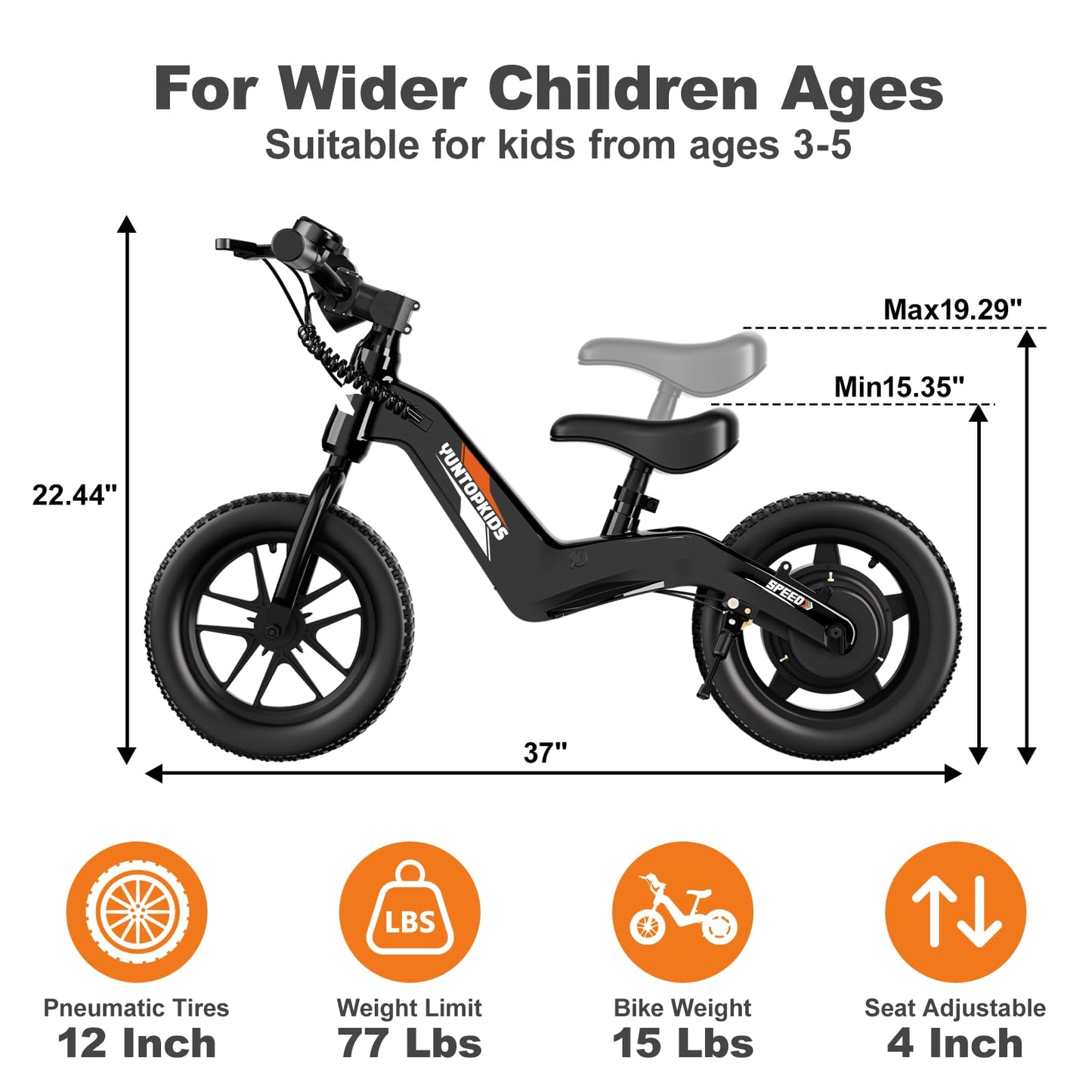 YunTopKids 24V Electric Balance Bike for Kids Ages 3-5, 12" Pneumatic Tires, Safe Kick-to-Start, 3 Speeds Up to 9.3 MPH, 180W Motor, LCD, Quick Charging, LED Lights (Black)