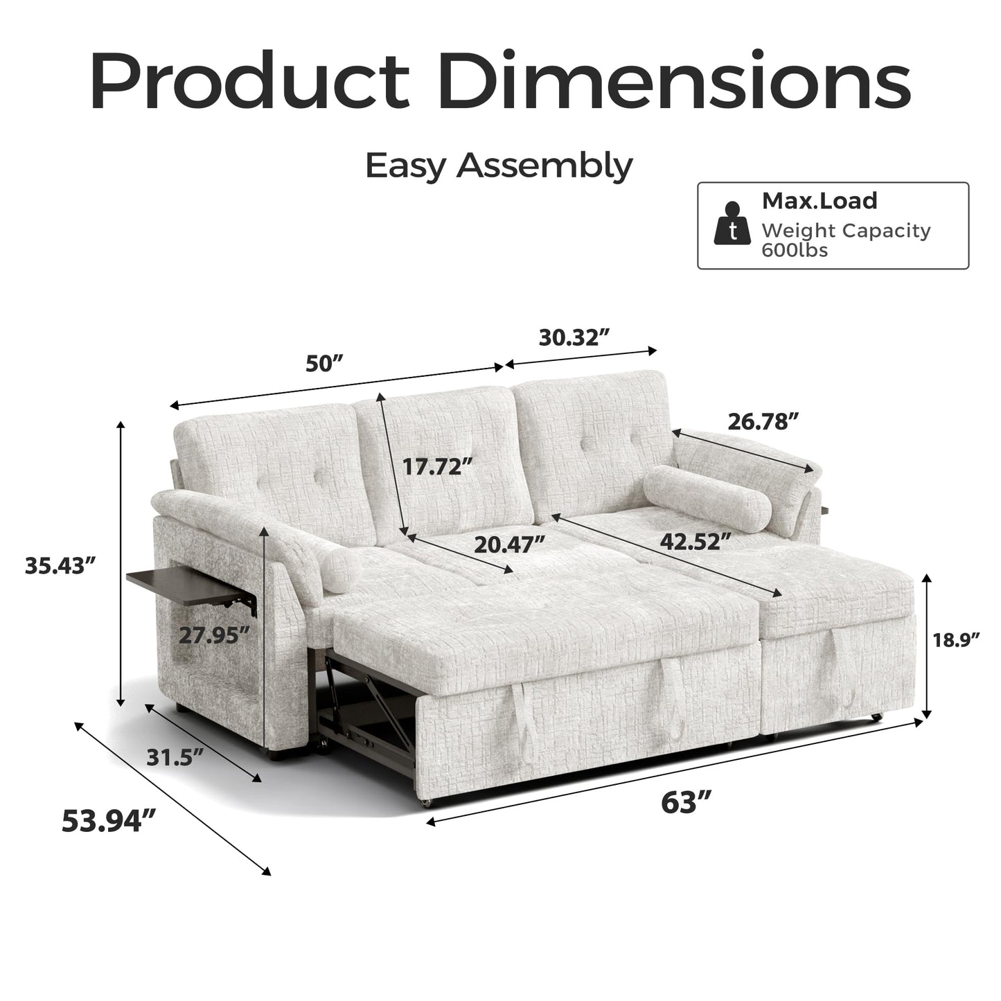 Trygoal Convertible Sleeper Sofa Bed, 63 Inch Chenille Pull Out Couch with Side Table & Adjustable Backrest, Sectional Sleeper Sofa with Pull Out Bed for Living Room, Apartment, Beige