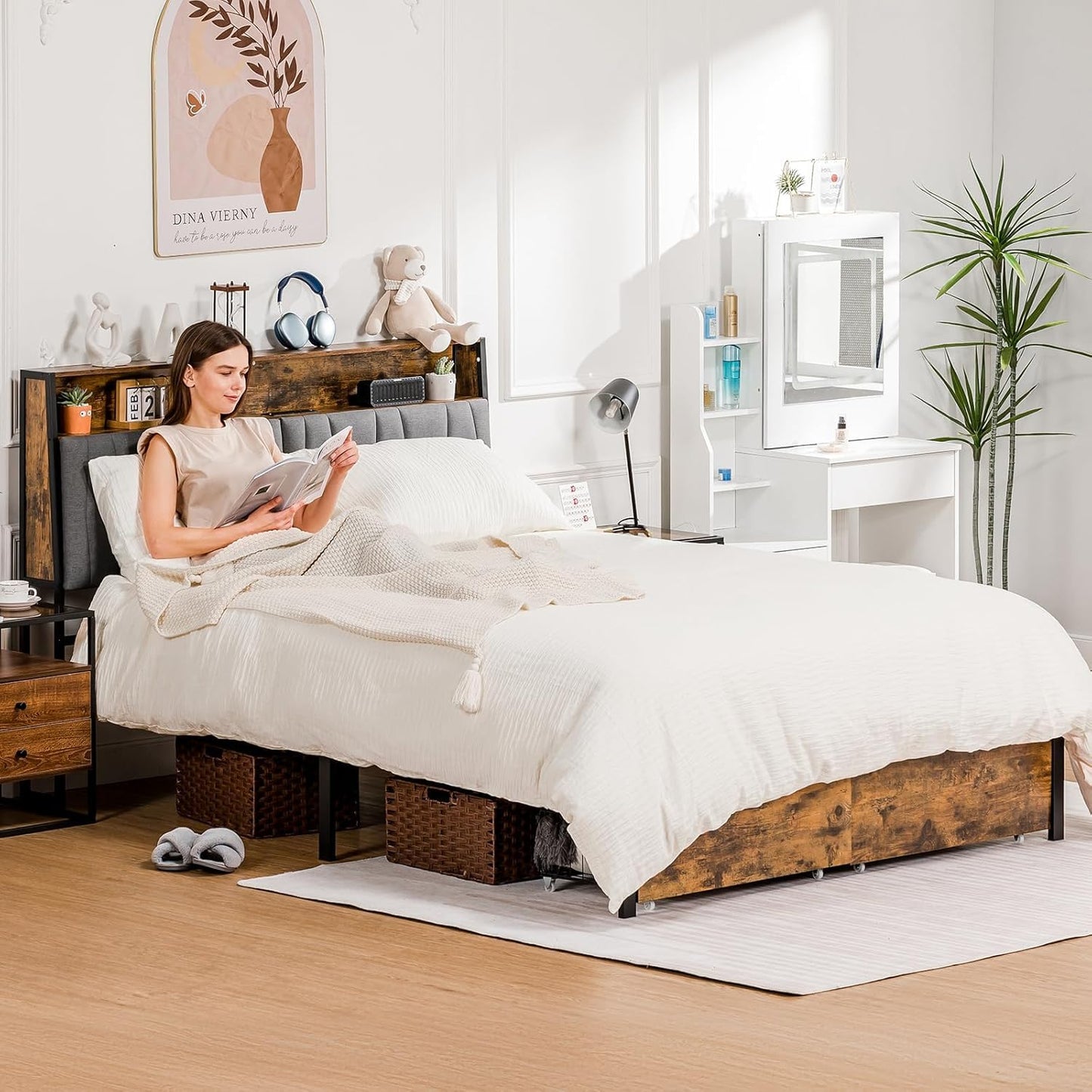 COMHOMA Queen Size Platform Bed Frame with LED Lights and Charging Station, Storage Headboard and Footboard Drawers, No Box Spring Needed, Rustic Wood Look