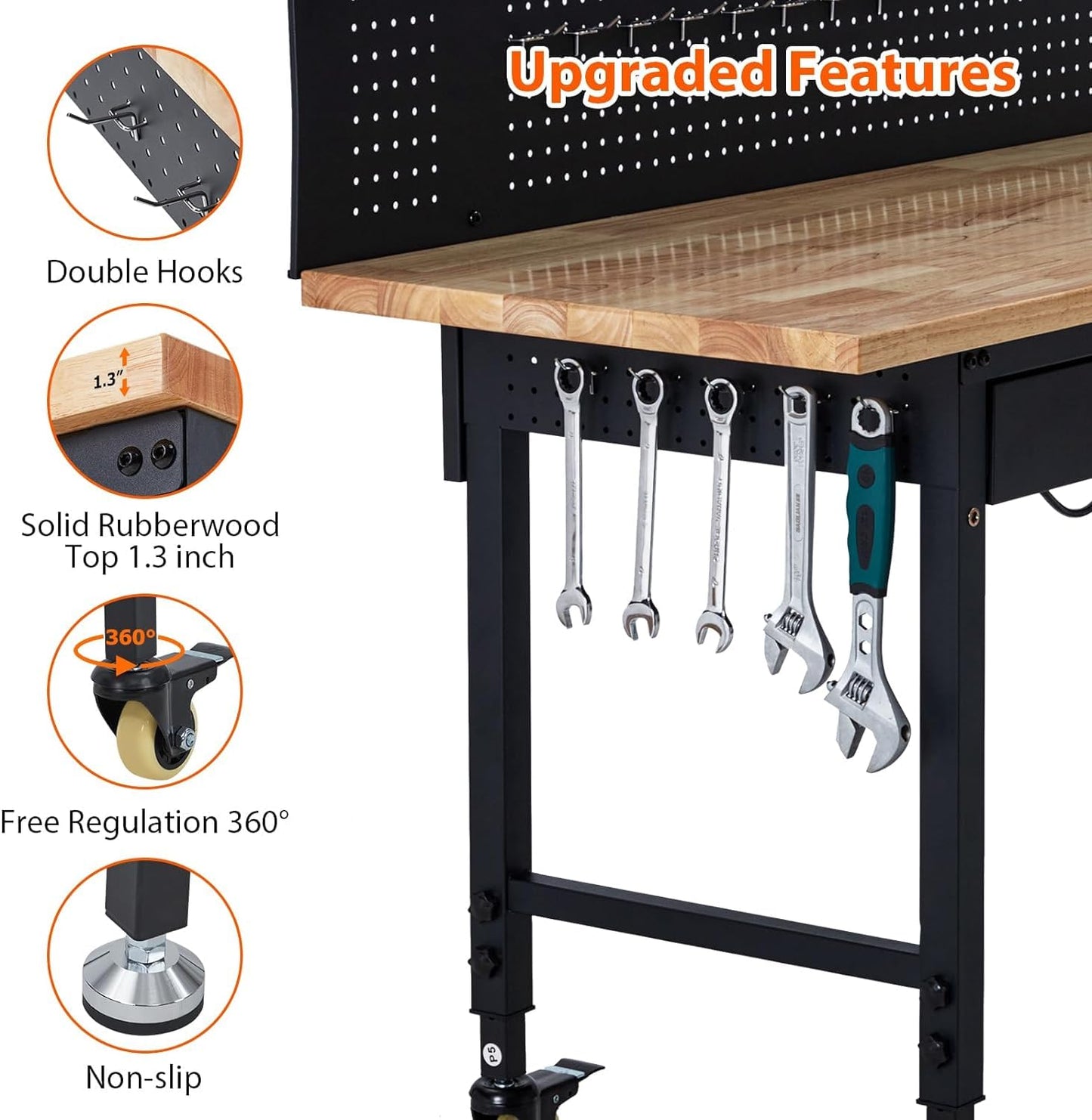 Workbench 60" x 22" Adjustable Height Worktable, Heavy Duty Rubber Wood Top, 2000 LBS Load Capacity, Tool Storage Workstation with Drawer, Pegboard, Power Outlets & Lockable Wheels, with Drawer Back