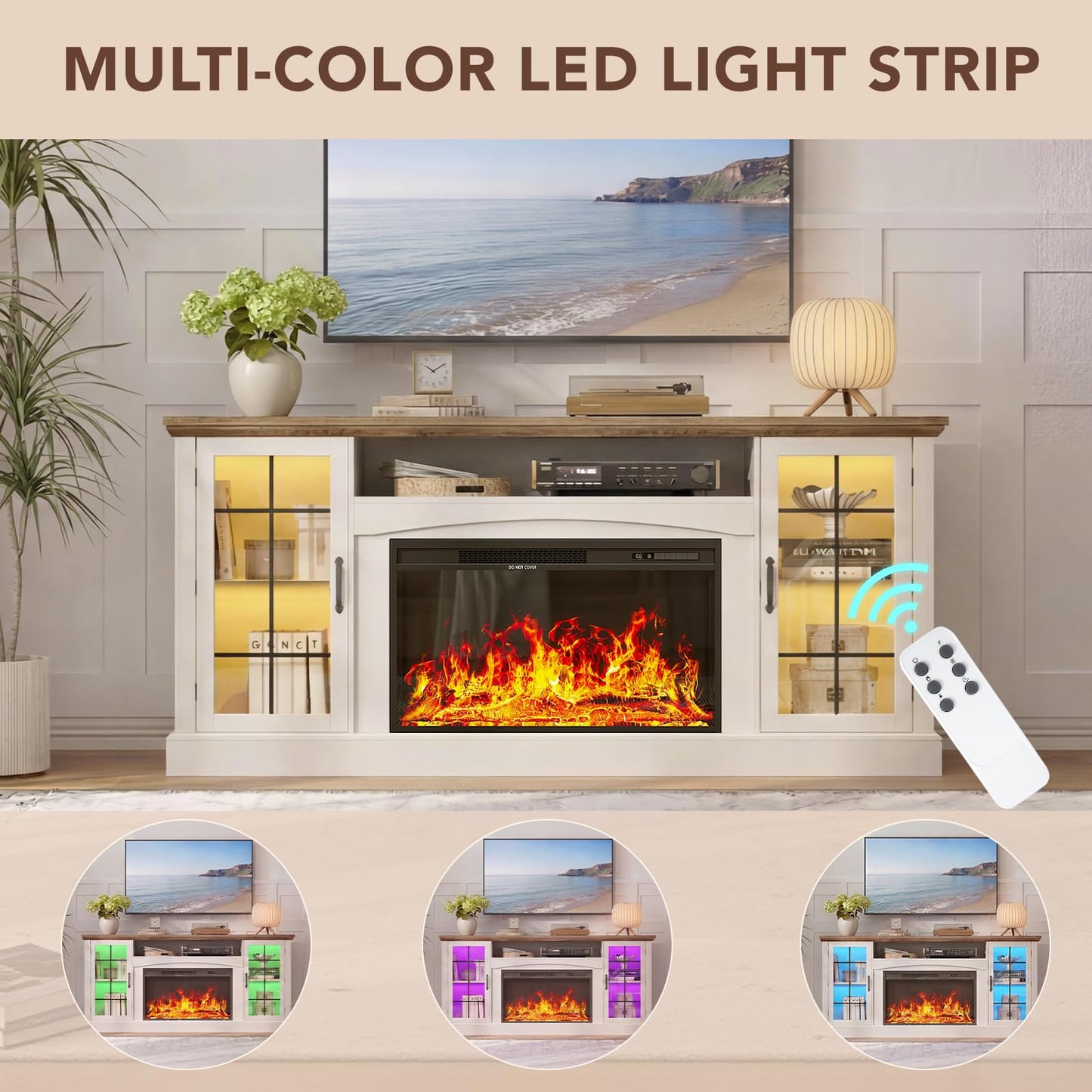 MXV 70" Farmhouse Fireplace TV Stand with 30" Electric Fireplace, Entertainment Center, Media Console Table with Large Storage Cabinets, for Living Room, White