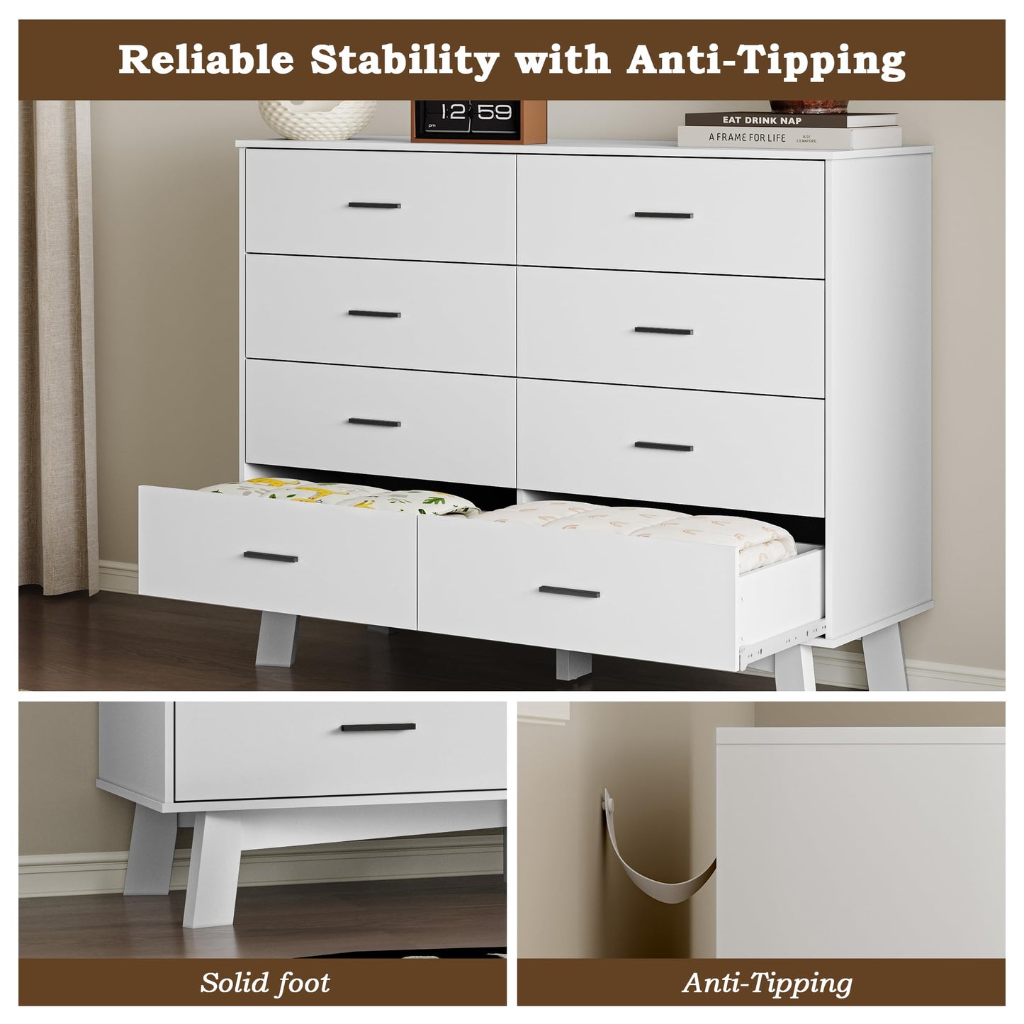 BORNOON Dresser for Bedroom with 8-Drawer, 37" Tall Modern Chest of Drawers with Metal Handles, X-Shape Base & Adjustable Center Leg, Anti-Tip Closet Organizers and Storage