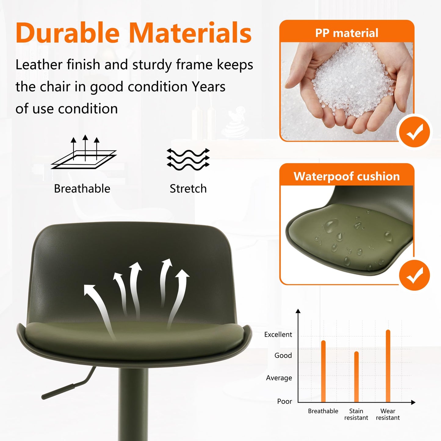 Kidol & Shellder Set of 2 Adjustable Swivel Bar Stools - Modern PU Leather Upholstered Counter Height Stools with Back Metal Base for Kitchen Island Home Bar Olive Green