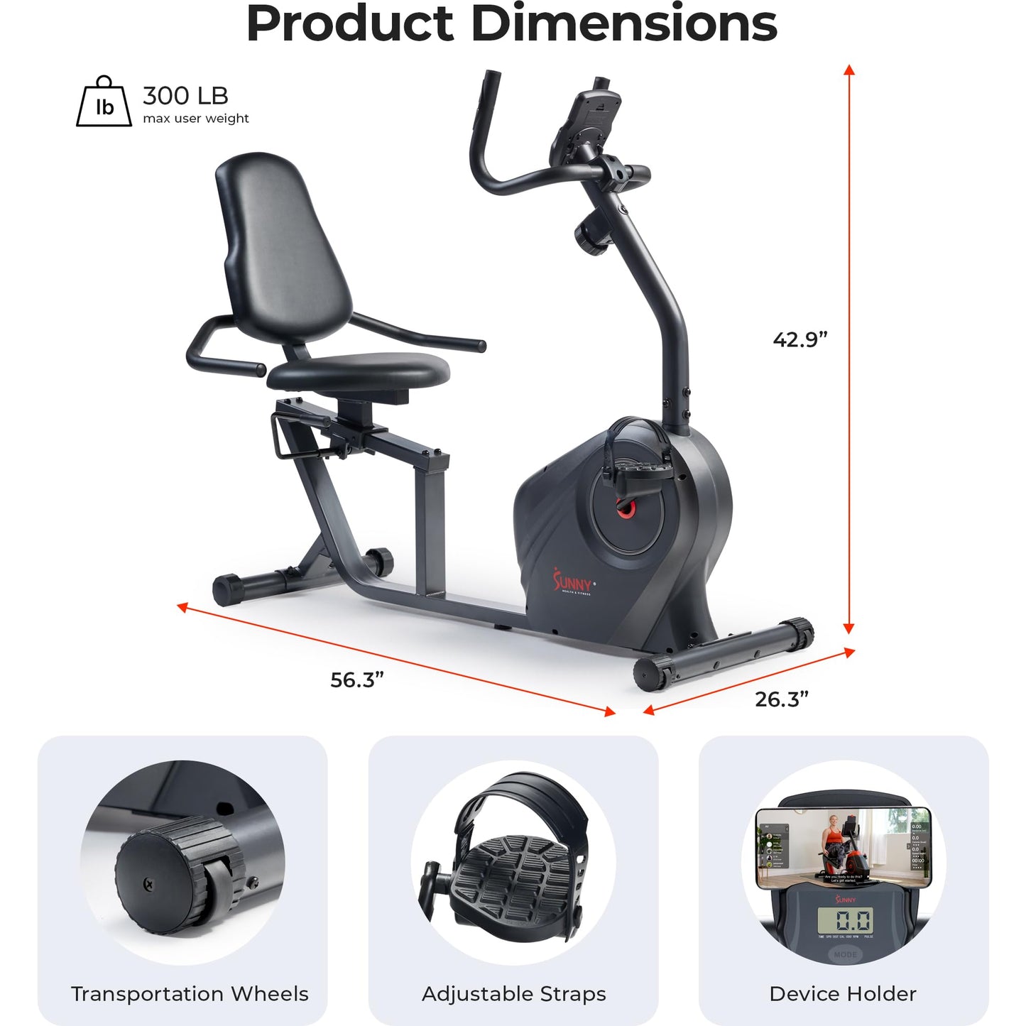 Sunny Health & Fitness Heavy-Duty Recumbent Smart Bike, Wide Cushioned Seat & Back, Cycling Workout Machine, Bicycle Exercise for Adult/Seniors at home, Free SunnyFit App - SF-RB4616SMART
