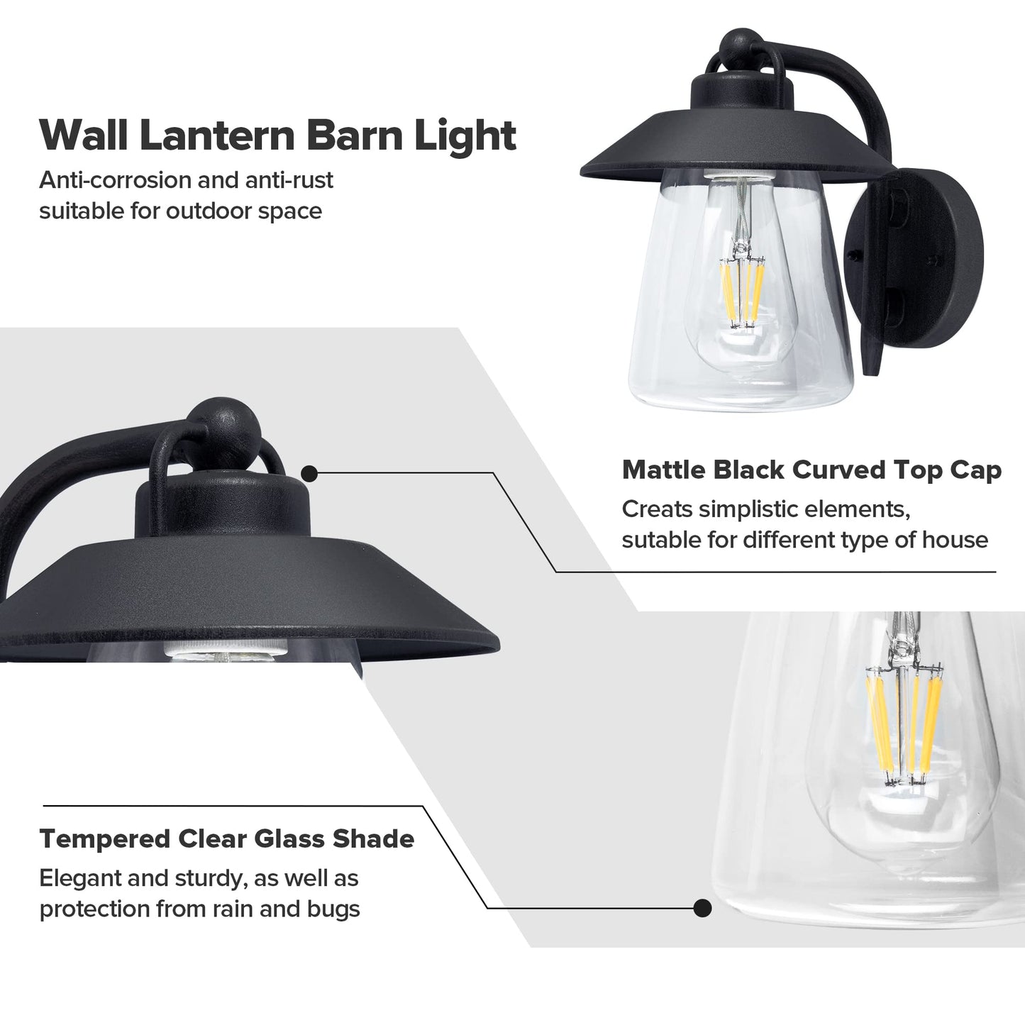 LUTEC Outdoor Indoor Wall Sconce, Matte Black, 2 Pack, Aluminum, Waterproof, Clear Glass, Farmhouse Barn Light Fixture