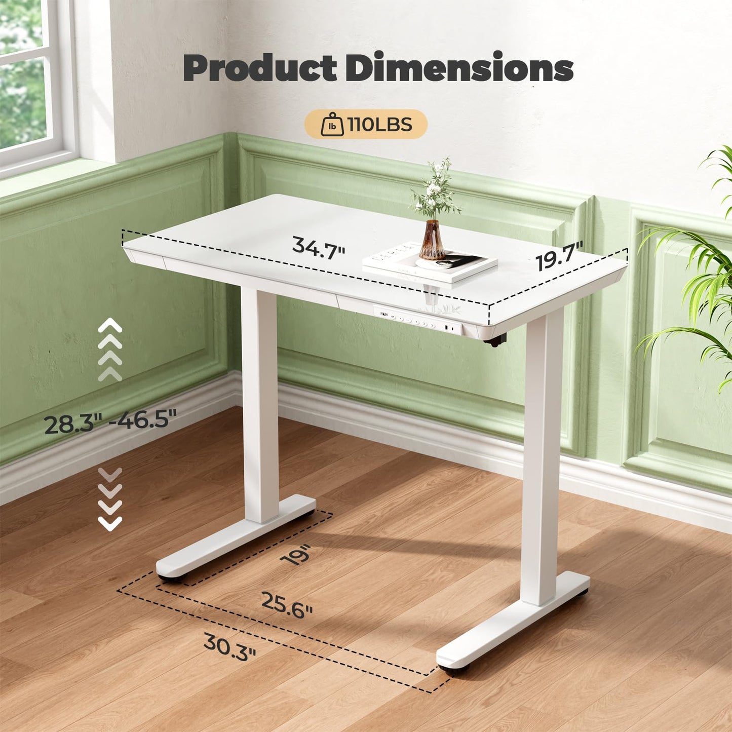 JYLH JOYSEEKER Glass Electric Standing Desk with Drawer, 35" x 20" Whole Piece Small Sit Stand Table, Height Adjustable Desk with Storage & USB Ports, Quick Install Home Office Computer Desk, White