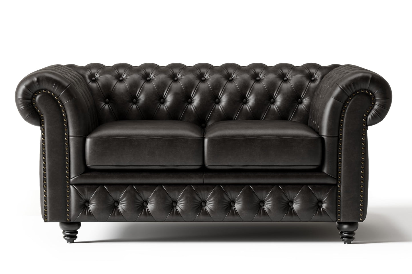 Valencia Parma Chesterfield Loveseat 64" | Premium Leather | Mid-Century Accent Chair with Classic Button Tufted Back and Wood Legs for Living Room, Black