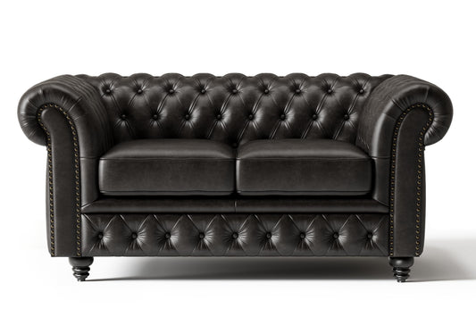 Valencia Parma Chesterfield Loveseat 64" | Premium Leather | Mid-Century Accent Chair with Classic Button Tufted Back and Wood Legs for Living Room, Black
