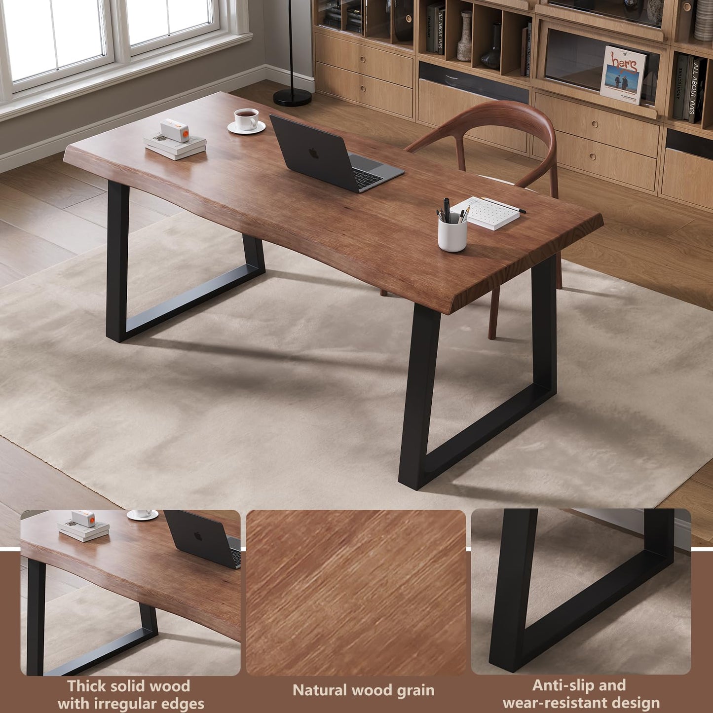 Pine computer desk, modern solid wood home office desk, long rural farmhouse pine dining table, administrative workstation computer desk, suitable for living room and dining room (55inch)