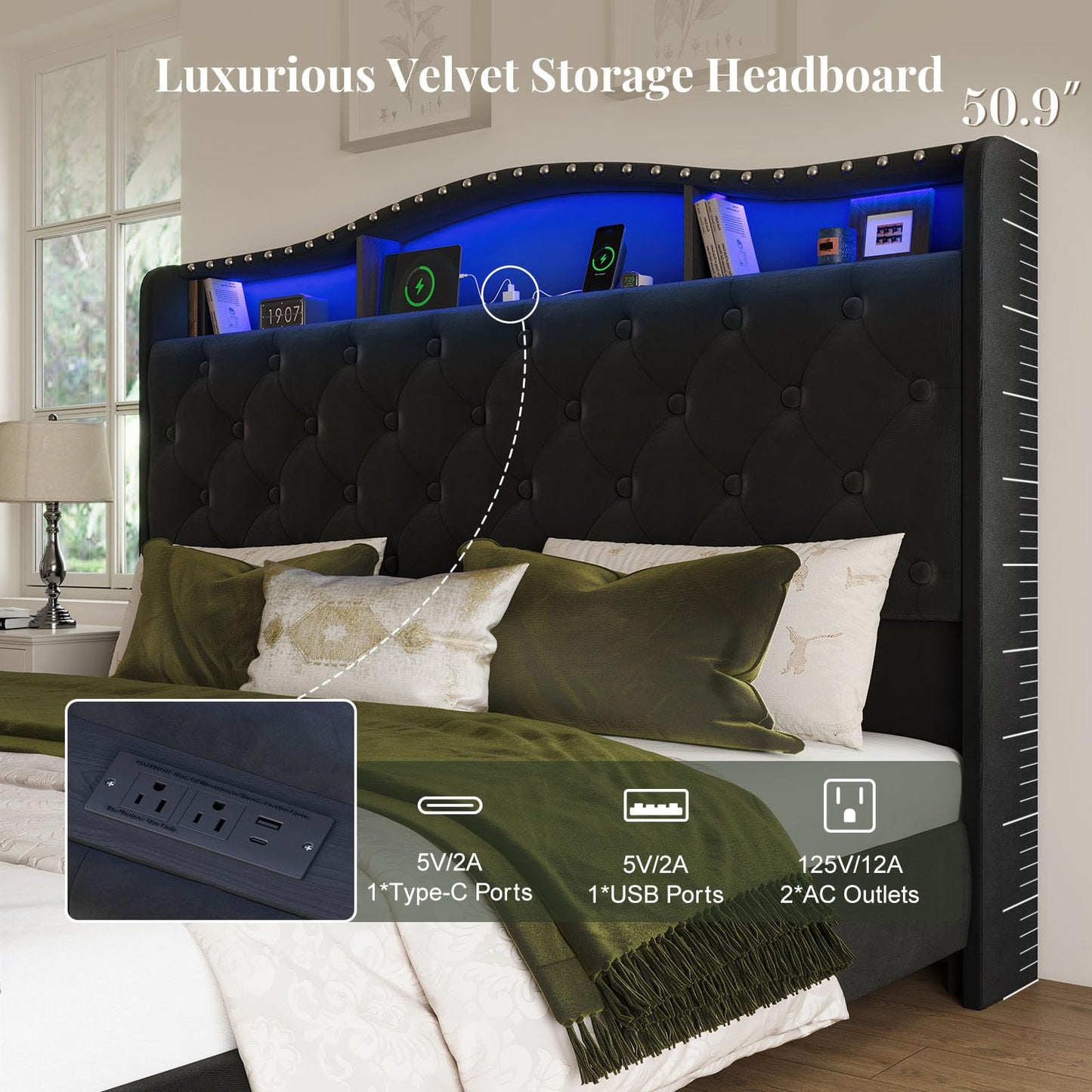 Belffin Queen Size Bed Frame and Headboard, 50.9" Velvet Upholstered Wingback Bedframe with LED Lights & Storage/Charging Station, Button Tufted Tall Footboard, No Box Spring Needed, Noise-Free, Black