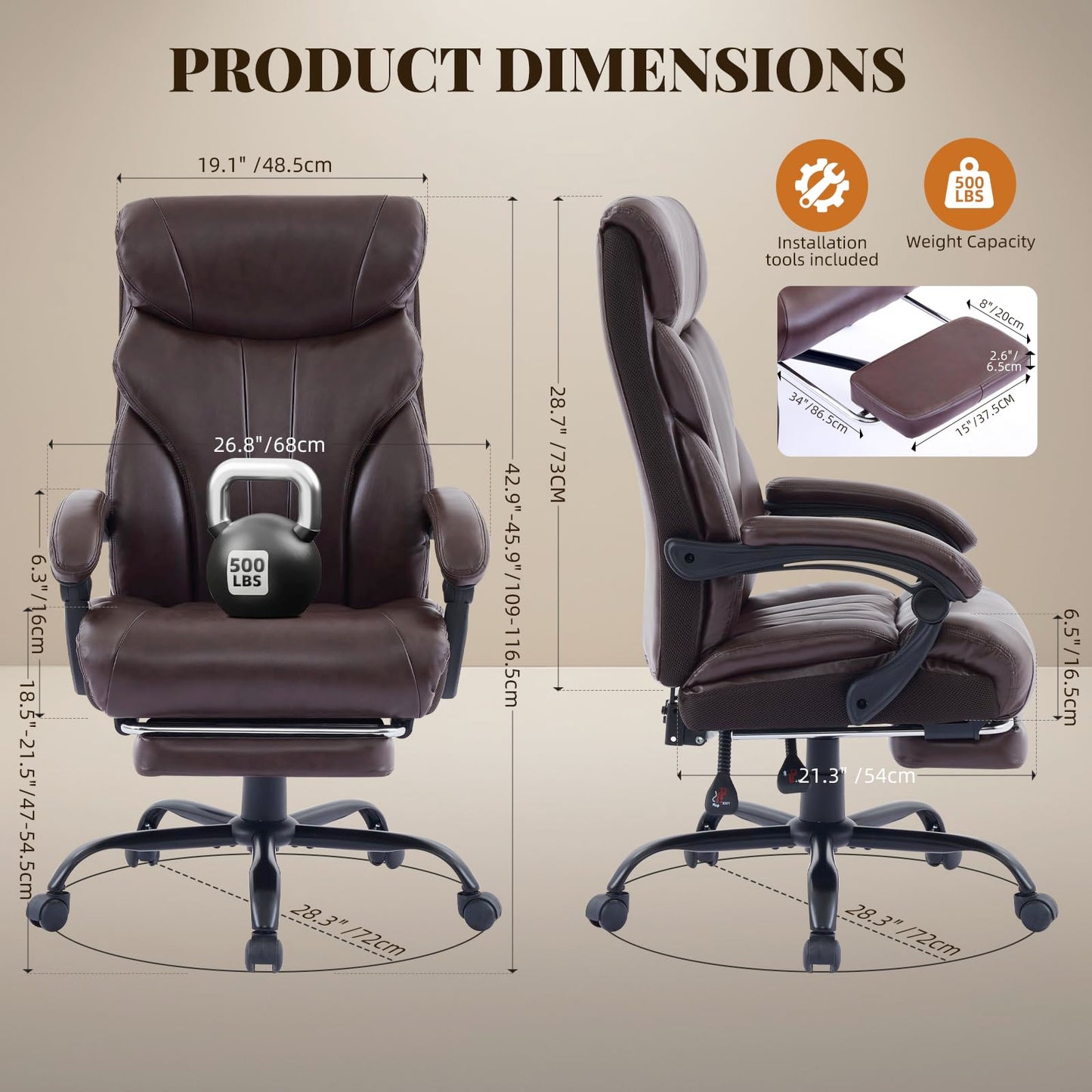 Big and Tall Office Chairs with Foot Rest,500LBS Wide Ergonomic Gaming Chair,100-135°Recline Executive Leather Computer Chairs with Adjustable Height,Coffee