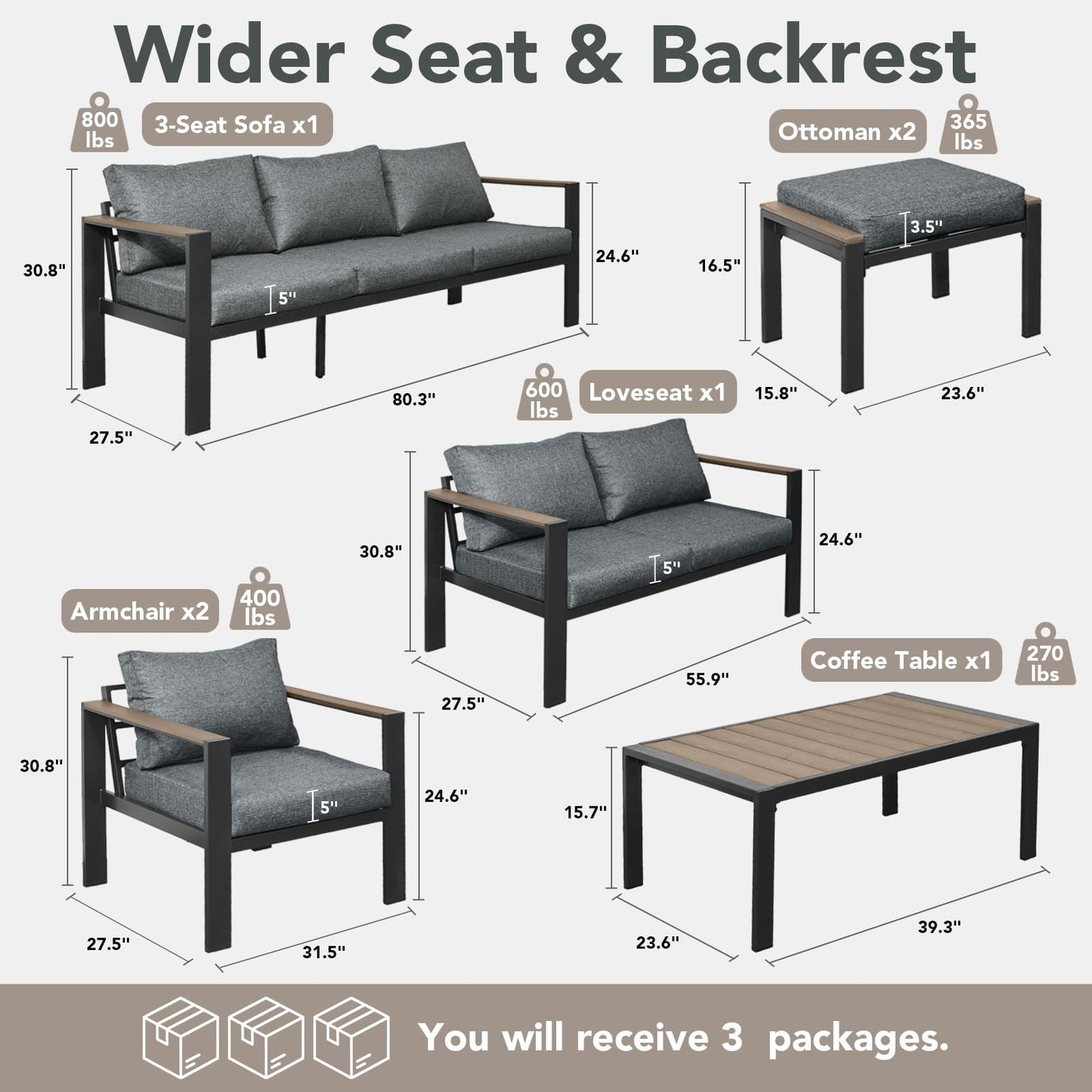 ADRERIC Patio Furniture Set 9 Seats and Coffee Table, 7 Pieces Patio Conversation Set with Thick Cushion, Ottomans, Deluxe Aluminum Modern Outside Sectional for Porch, Balcony, Deck, Yard, Light Gray