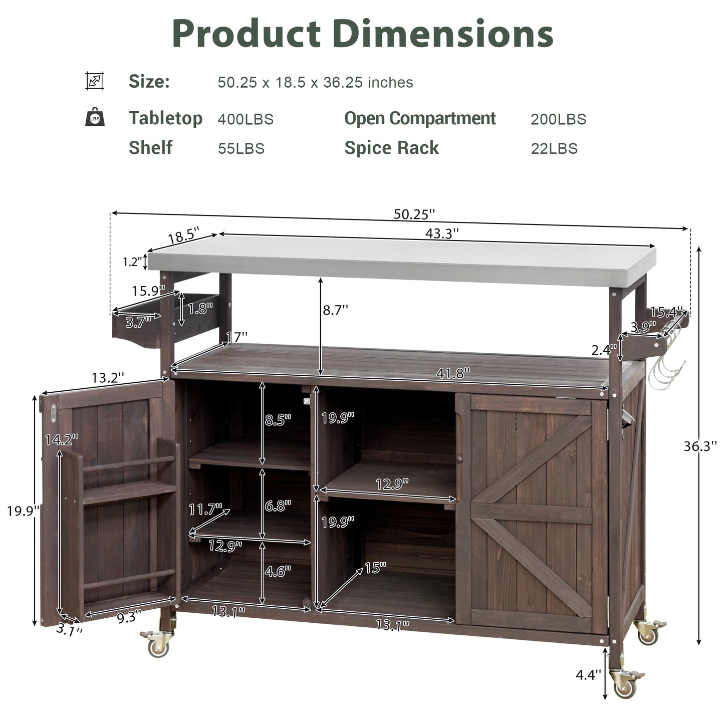 Merax 50" Outdoor Kitchen Grill Cart Island on Wheels with Stainless Steel Top,Farmhouse Style Solid Wood Frame Storage Cabinet for Backyard