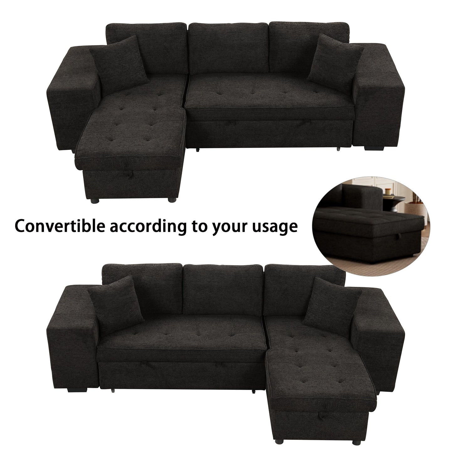 Eafurn 104.5" Reversible Sleeper Sectional Sofa Bed, Tufted L Shaped Convertible Pull Out Sectional Sofa Bed with Storage Chaise Lounge and 2 Stools for Living Room Apartment